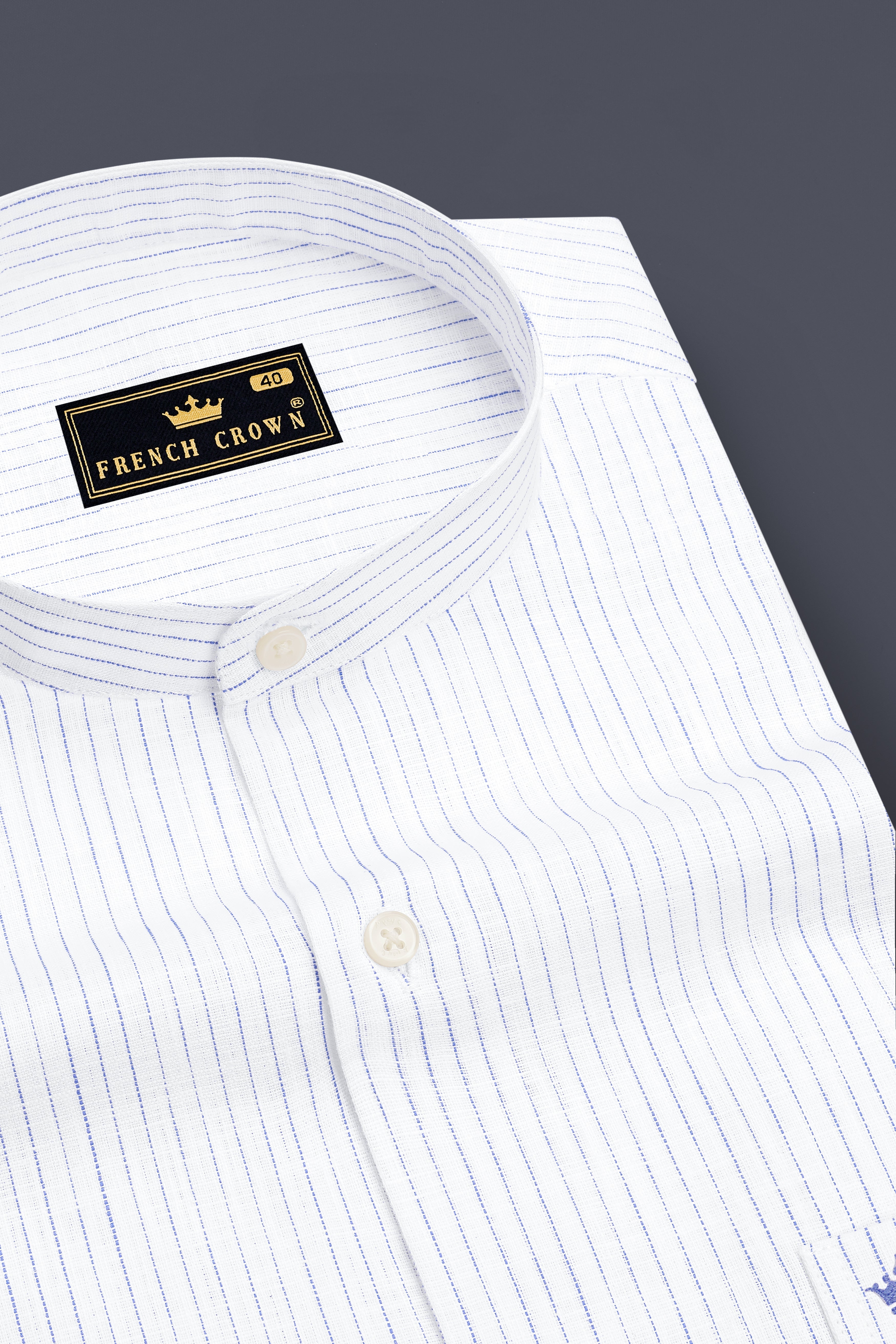 Sailor-Bright White And Portage Blue Pin Striped Luxurious Linen Mandarin Casual Shirt