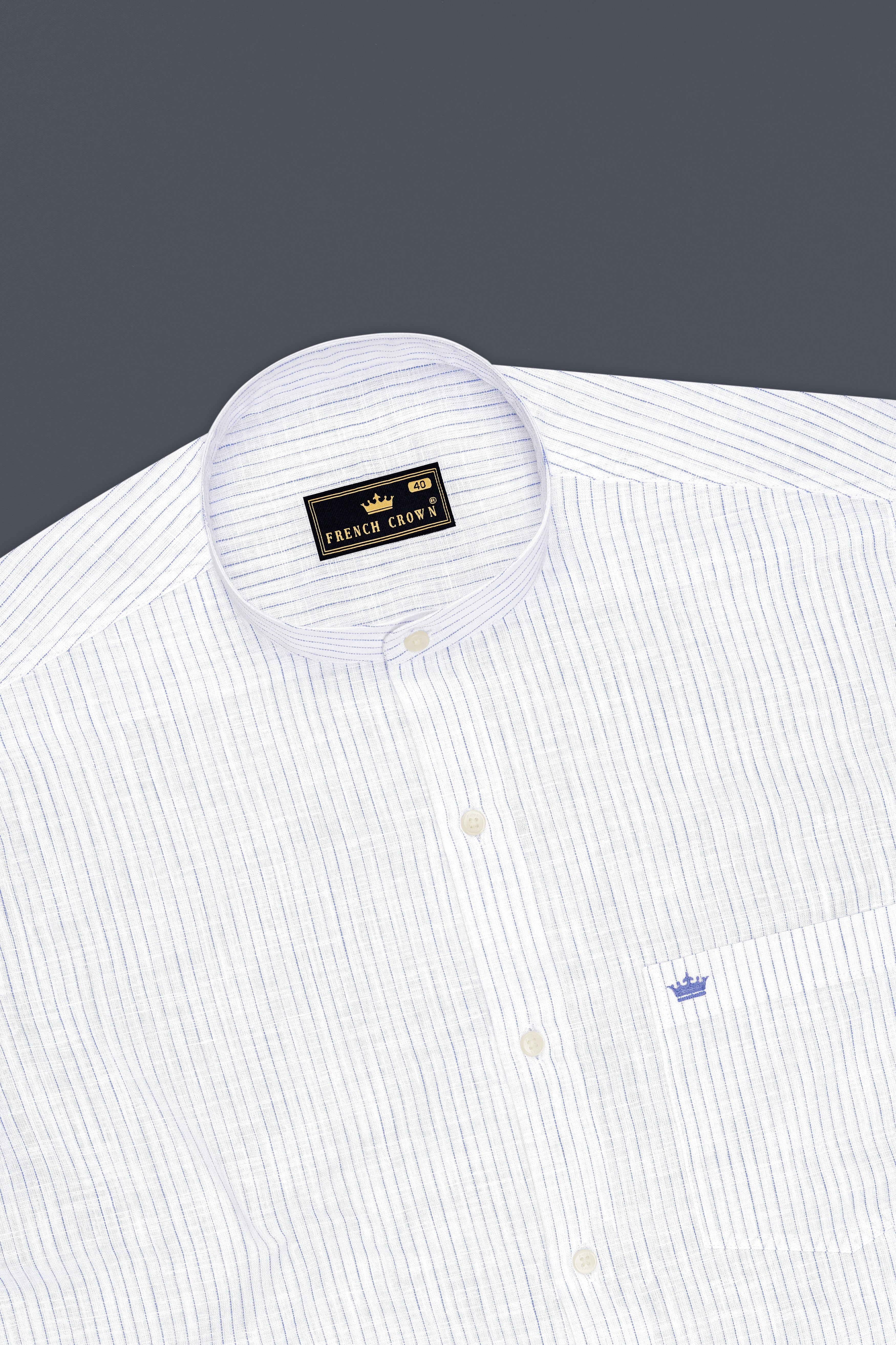 Sailor-Bright White And Portage Blue Pin Striped Luxurious Linen Mandarin Casual Shirt