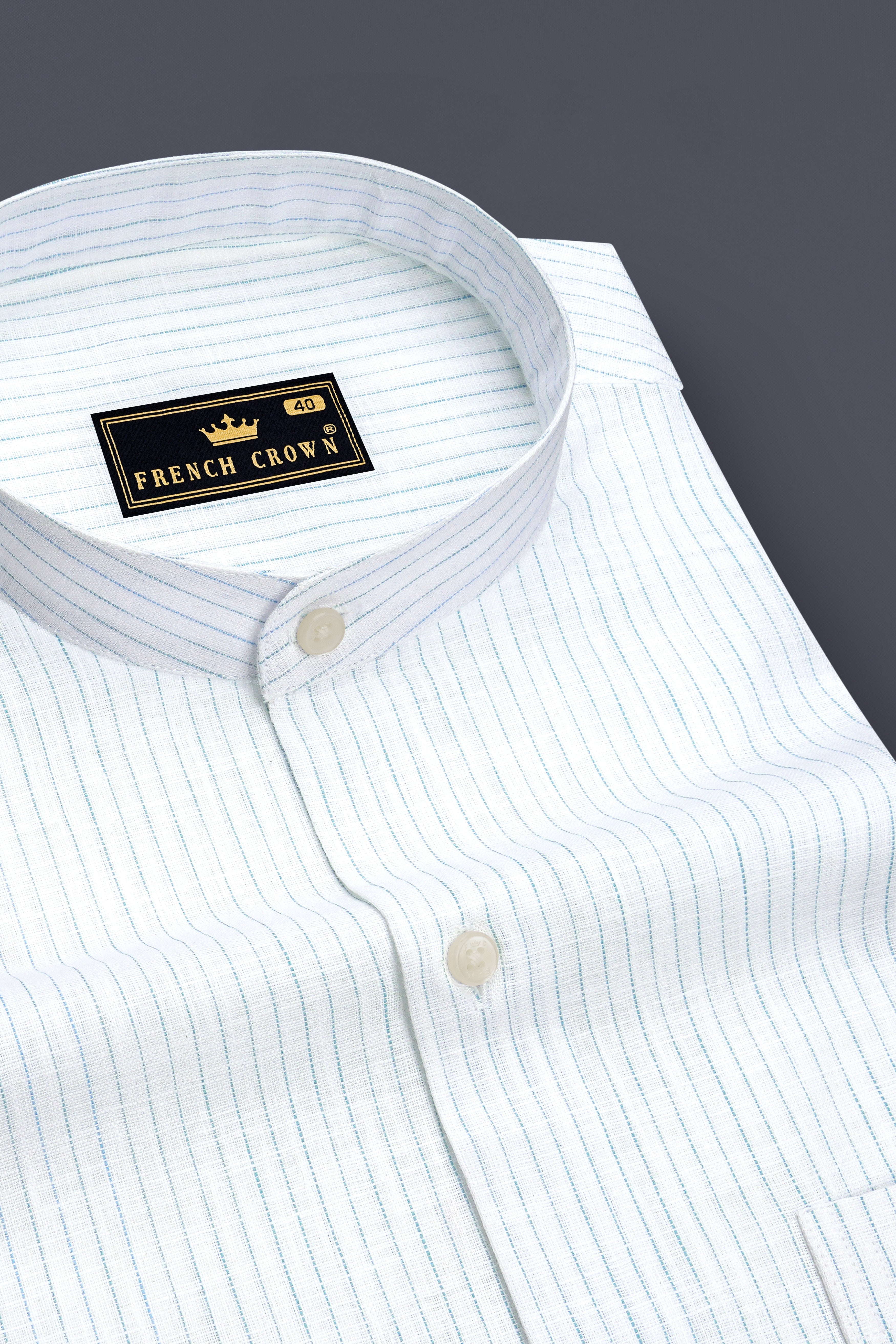 Marina-Bright White And Turquoise Blue Pin Striped Luxurious Linen Mandarin Casual Shirt