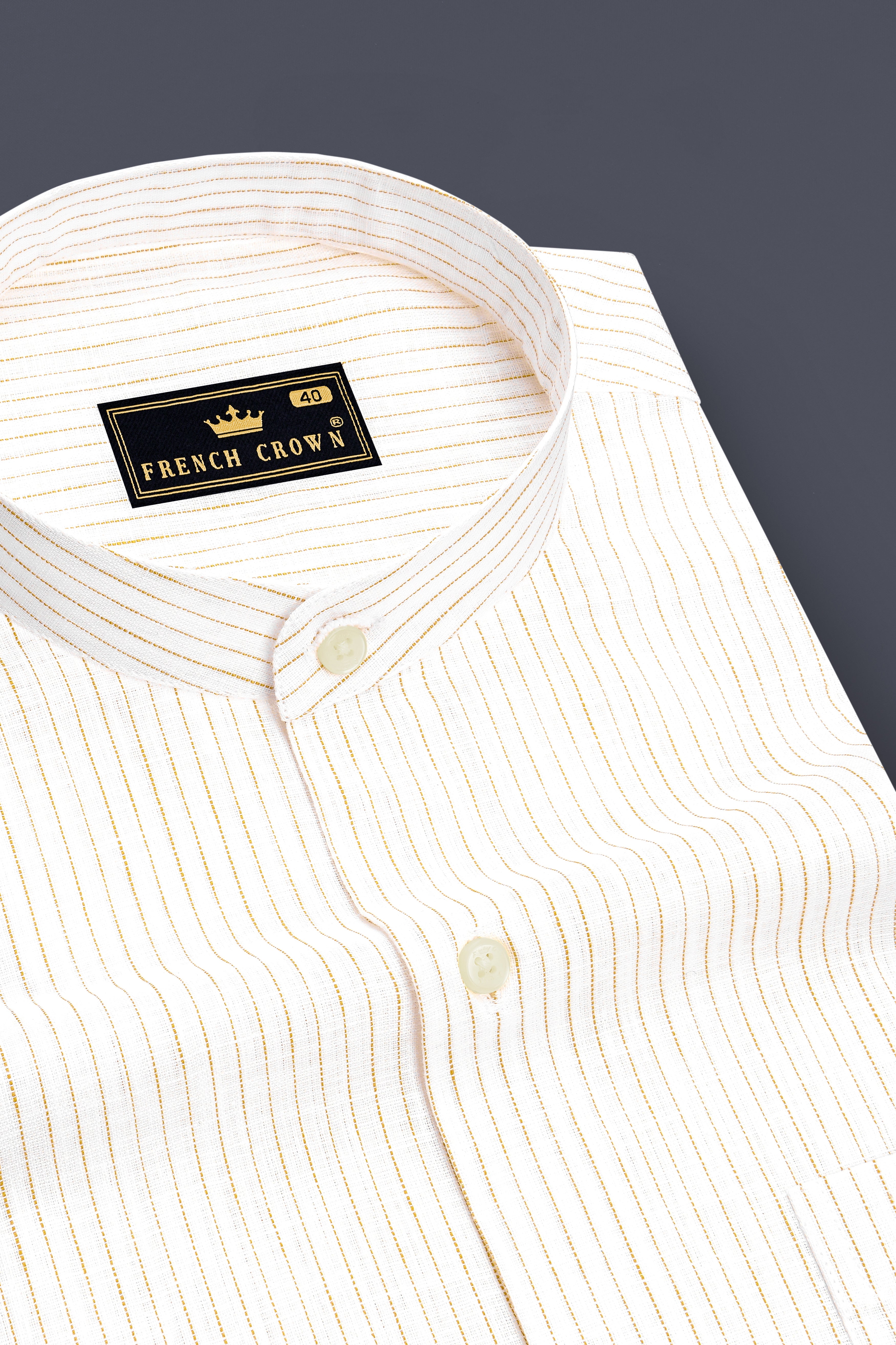 Oasis-Bright White And Sandy Brown Pin Striped Luxurious Linen Mandarin Casual Shirt