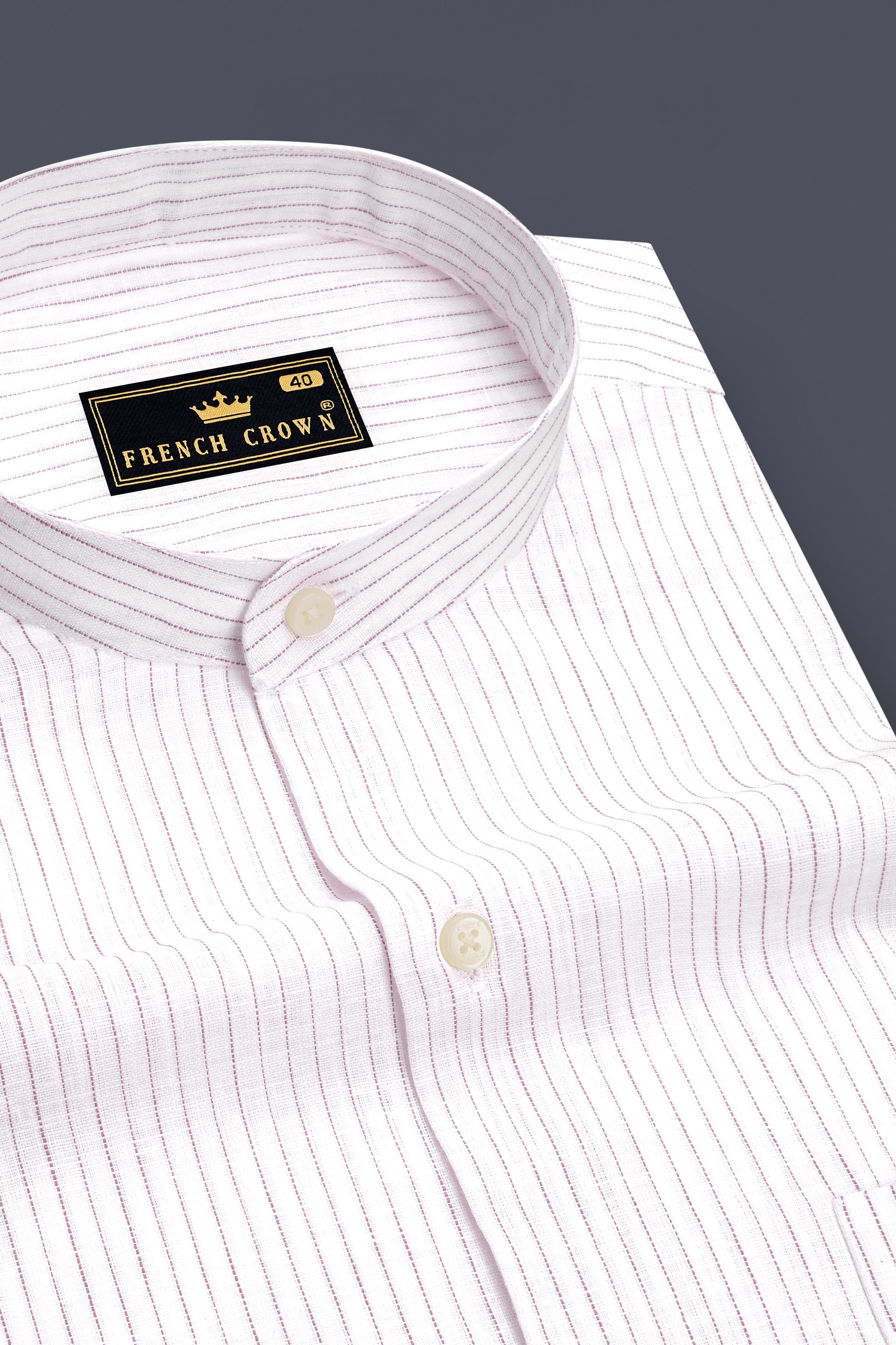 Zephyr-Bright White And Wisteria Pink Pin Striped Luxurious Linen Mandarin Casual Shirt
