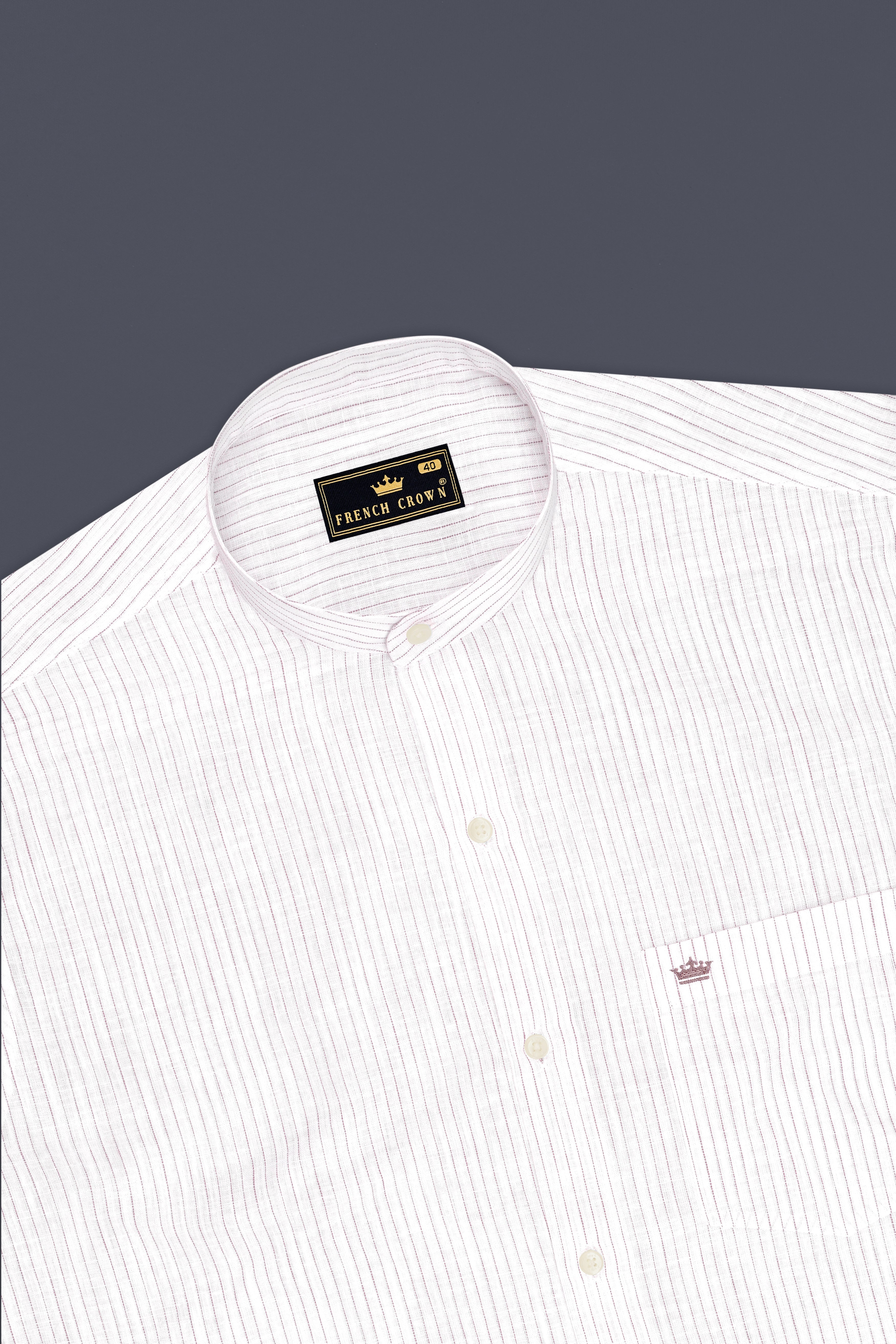 Zephyr-Bright White And Wisteria Pink Pin Striped Luxurious Linen Mandarin Casual Shirt