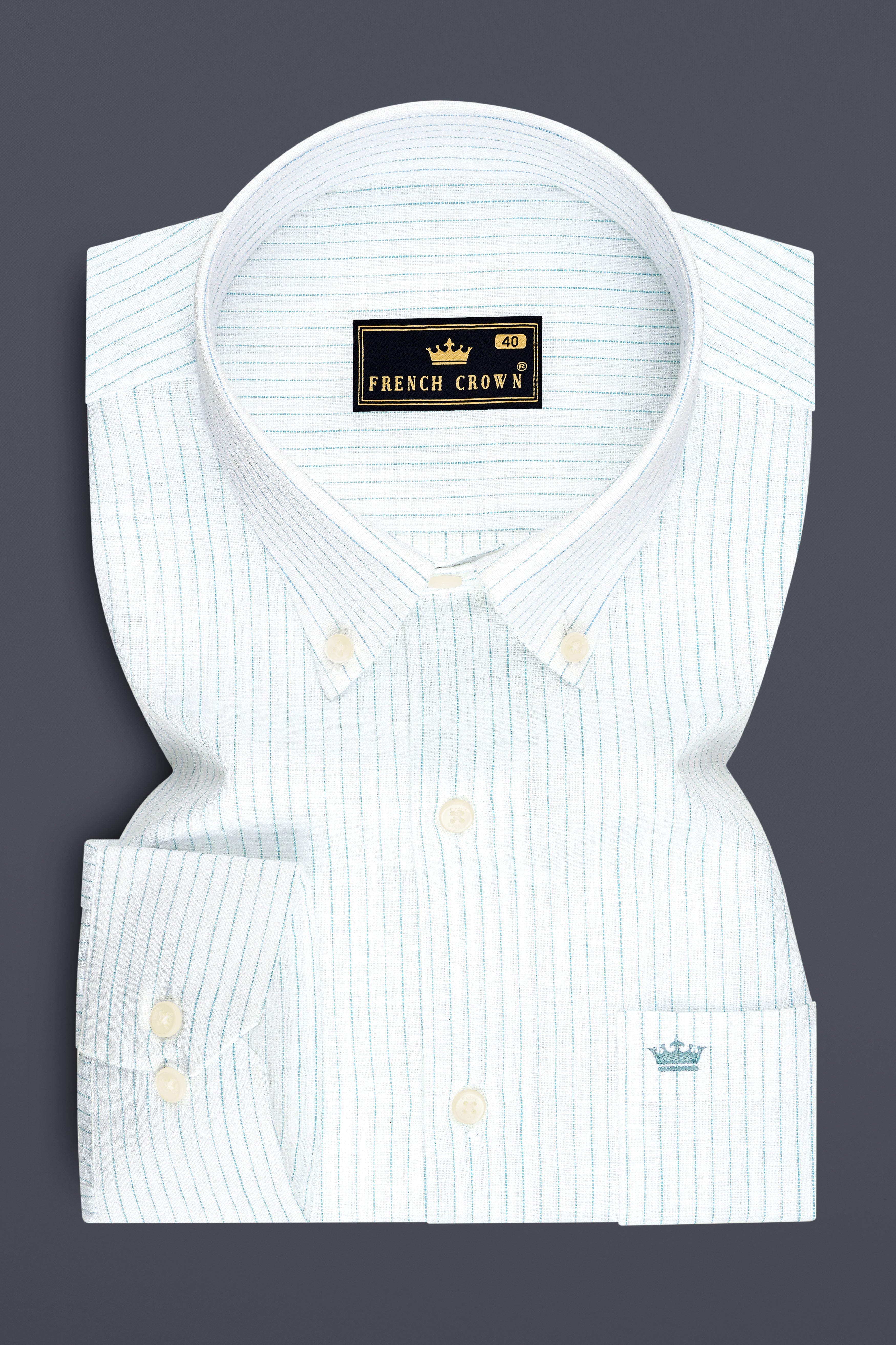Marina-Bright White And Turquoise Blue Pin Striped Luxurious Linen Button Down Dress Shirt