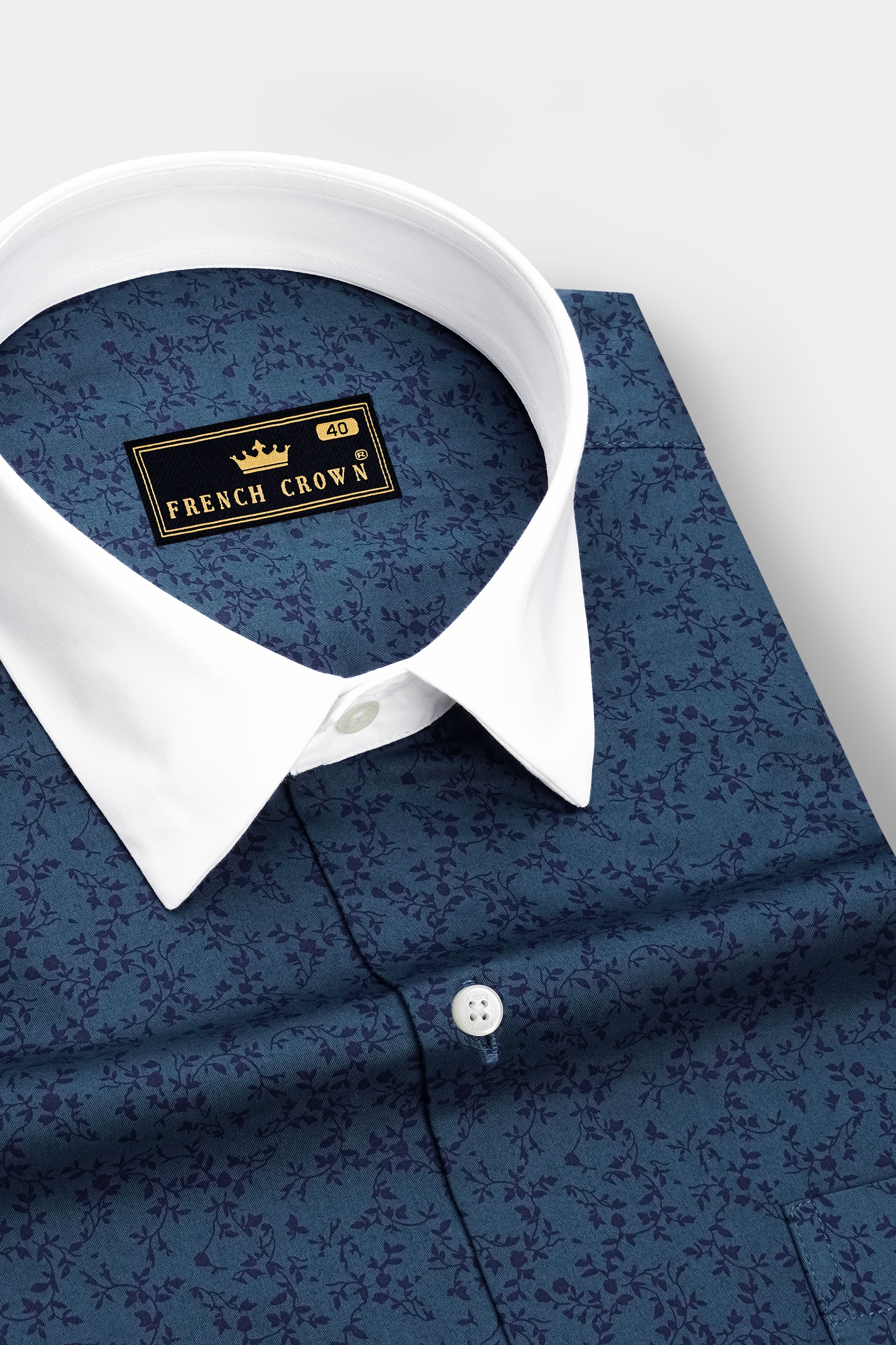Virelle-Pickled Blue Floral Vine Printed Subtle Sheen Soft Premium Cotton White Cuff Collar Dress Shirt