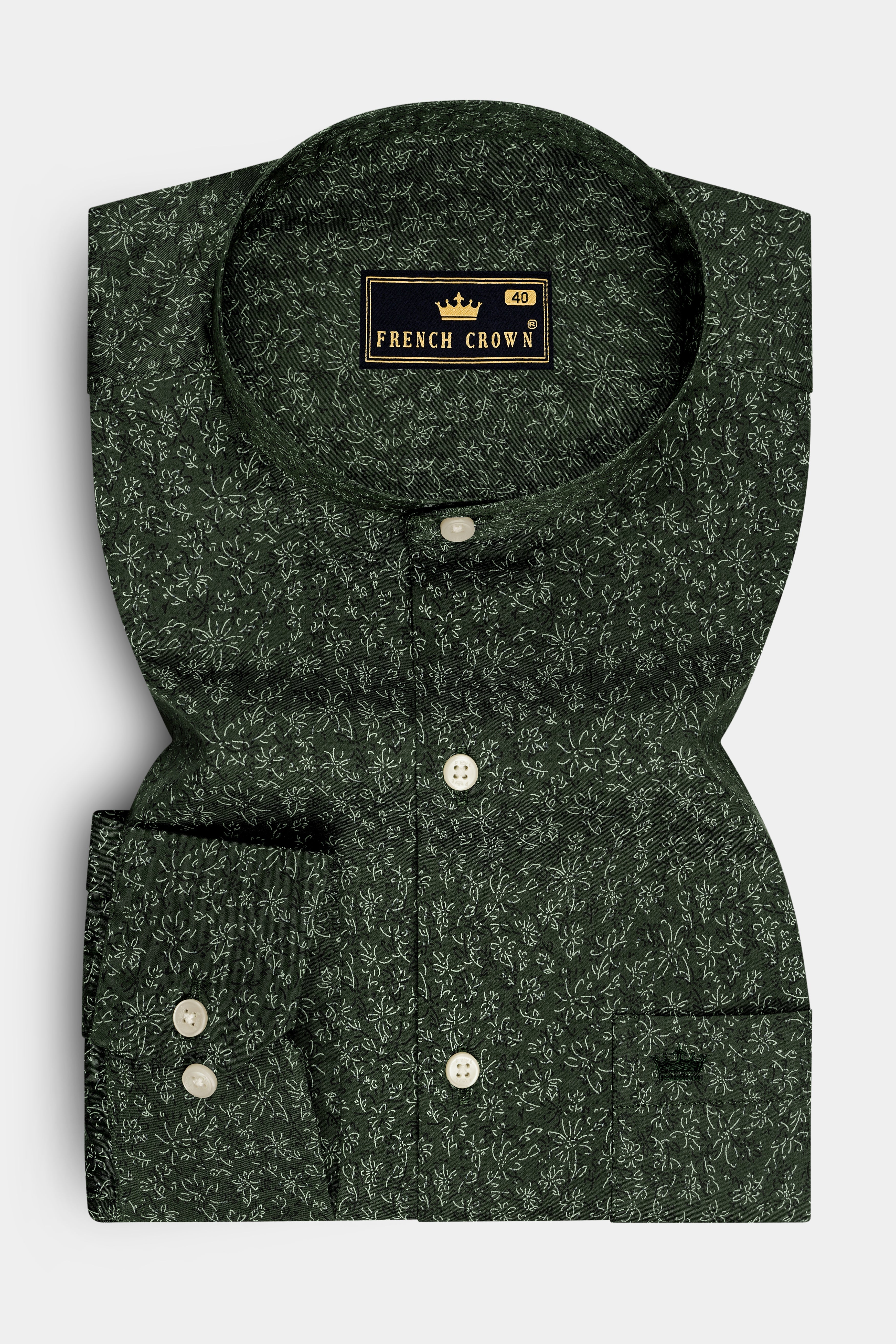 Viridian-Heavy Green Floral Vine Printed Subtle Sheen Soft Premium Cotton Mandarin Casual Shirt