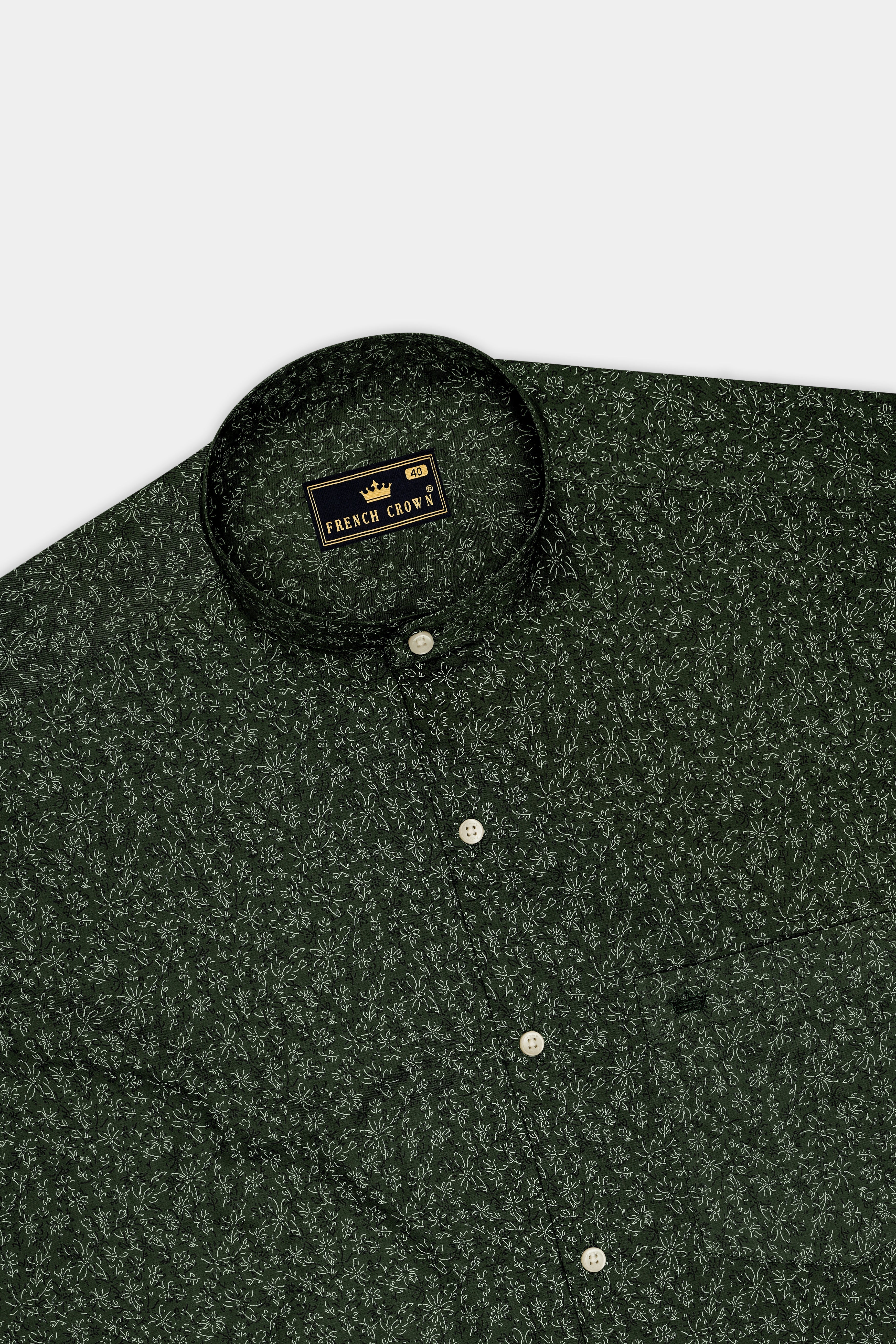 Viridian-Heavy Green Floral Vine Printed Subtle Sheen Soft Premium Cotton Mandarin Casual Shirt