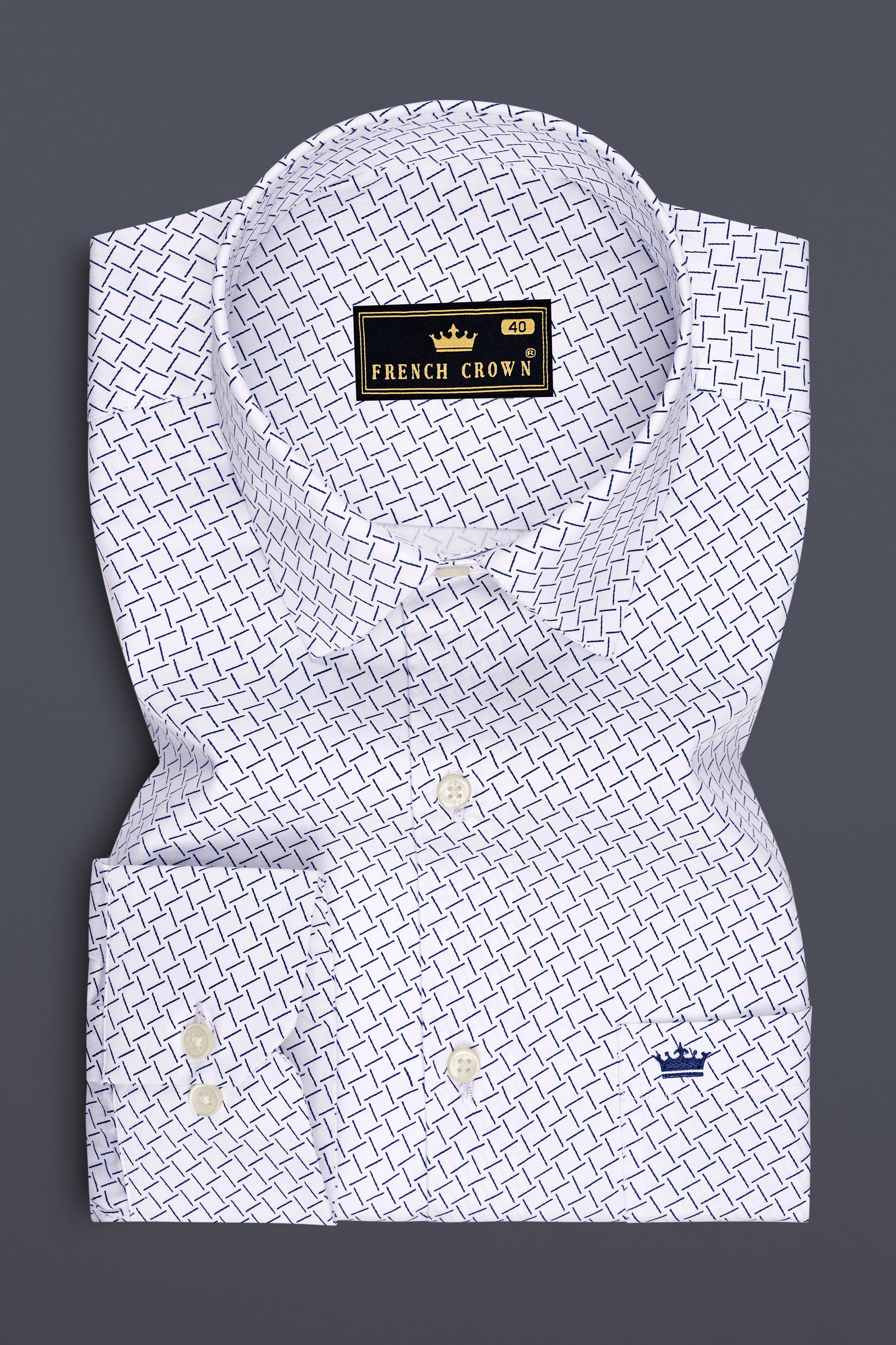 Loomis-Bright White And Twilight Blue Basketweave Printed Subtle Sheen Soft Premium Cotton Dress Shirt