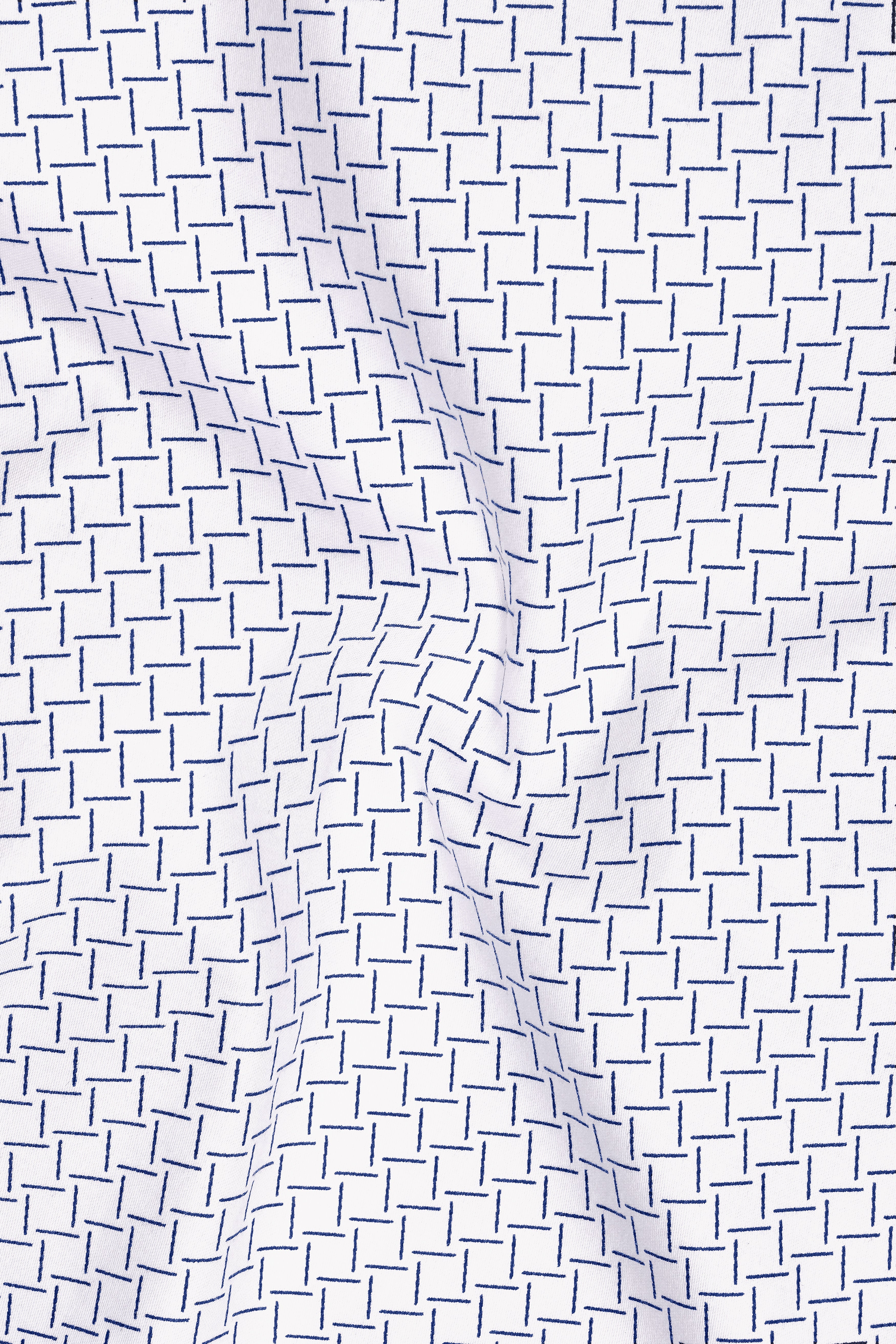 Loomis-Bright White And Twilight Blue Basketweave Printed Subtle Sheen Soft Premium Cotton Mandarin Casual Shirt