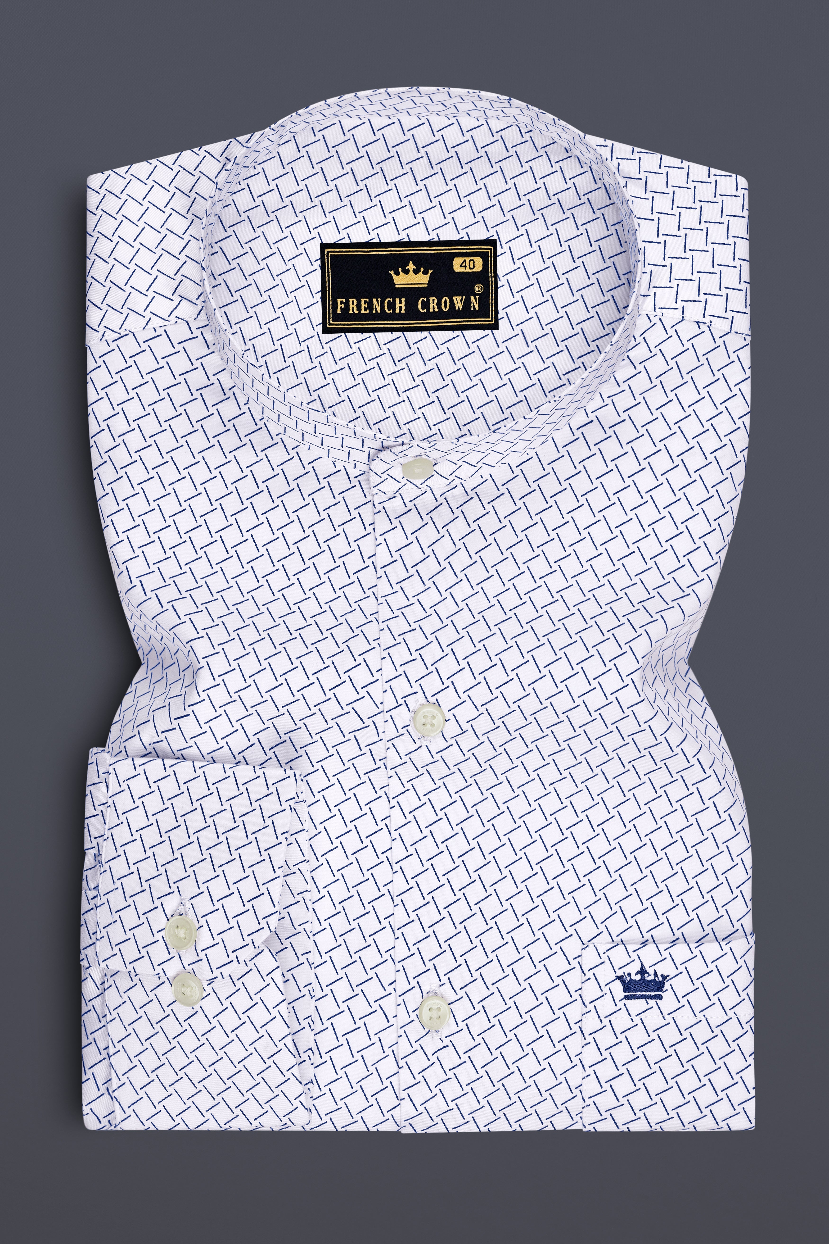 Loomis-Bright White And Twilight Blue Basketweave Printed Subtle Sheen Soft Premium Cotton Mandarin Casual Shirt