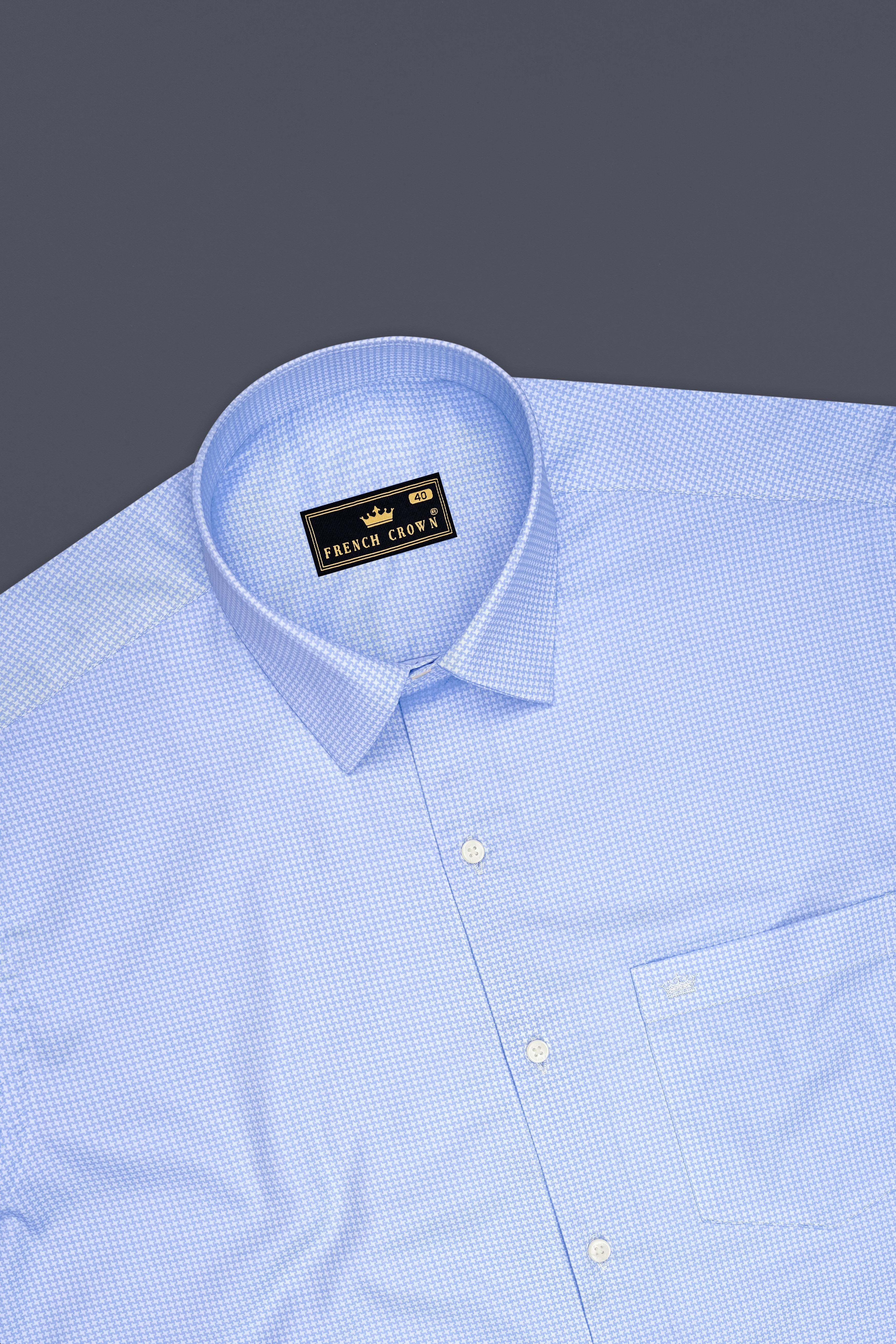 Vireo-Carolina Blue Houndstooth Printed Subtle Sheen Super Soft Premium Cotton Dress Shirt
