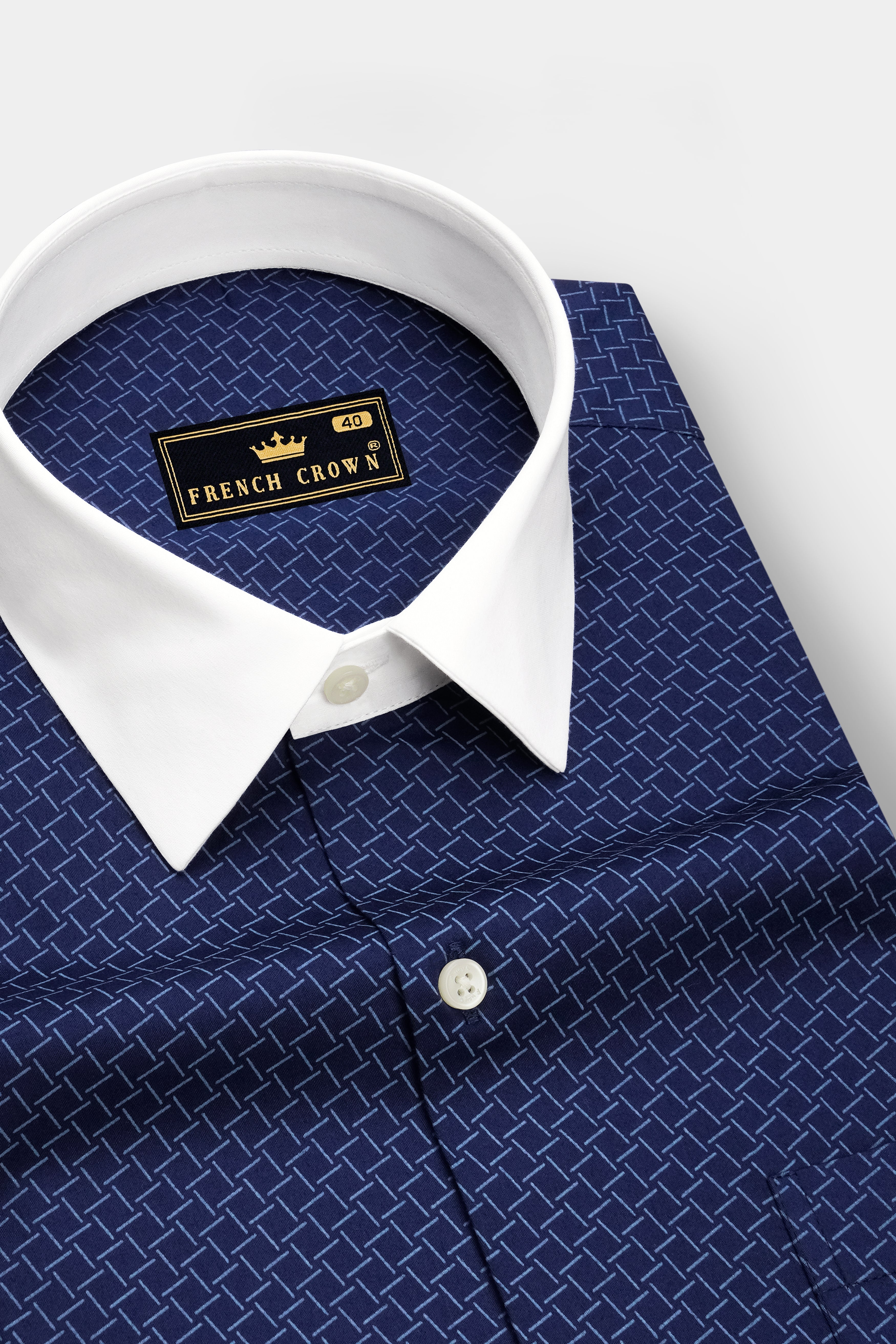 Nexus-Zodiac Blue And Bright White Basketweave Printed Subtle Sheen Soft Premium Cotton White Cuff Collar Dress Shirt