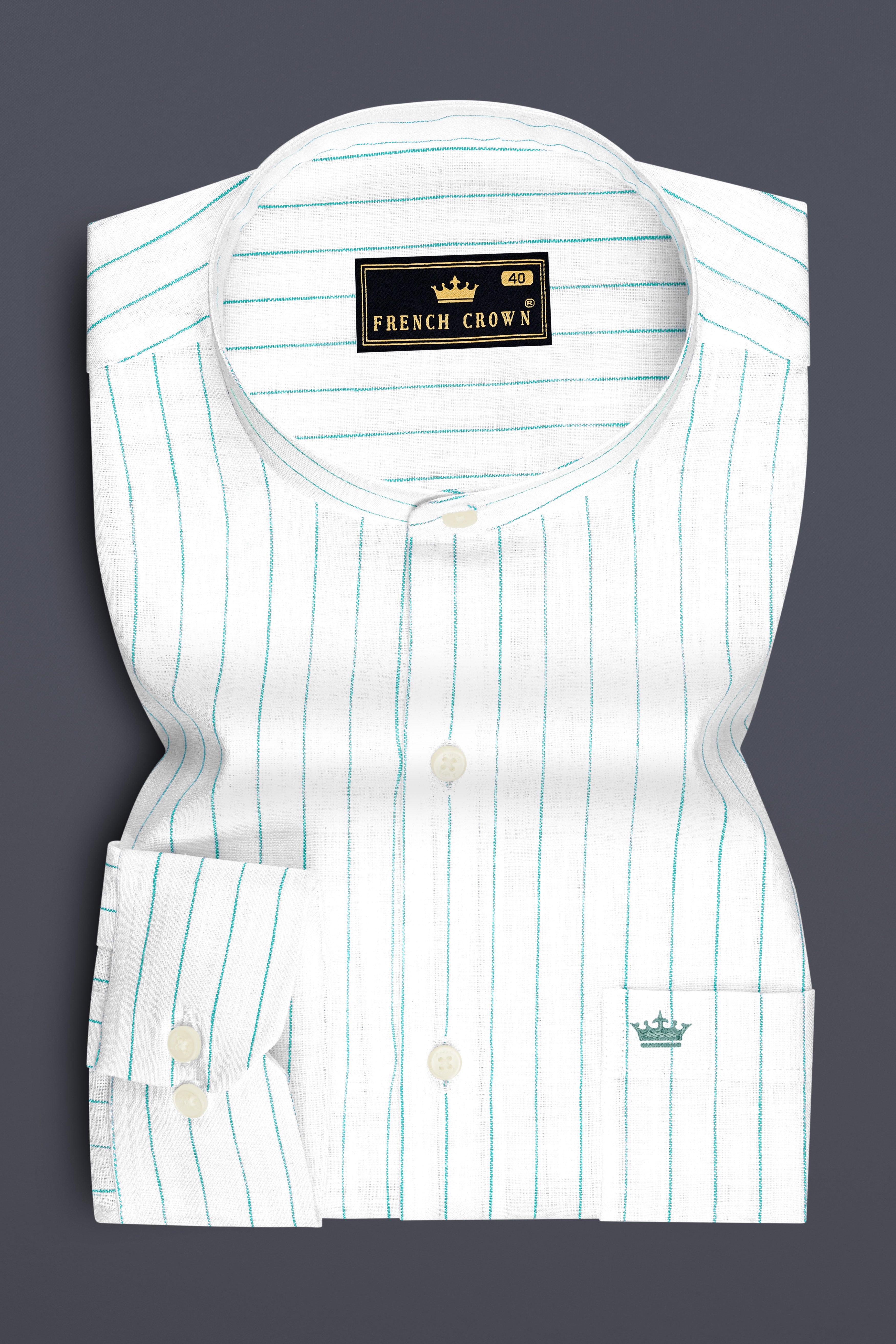 Mariner-Bright White And Neptune Blue Pin Striped Luxurious Linen Mandarin Casual Shirt