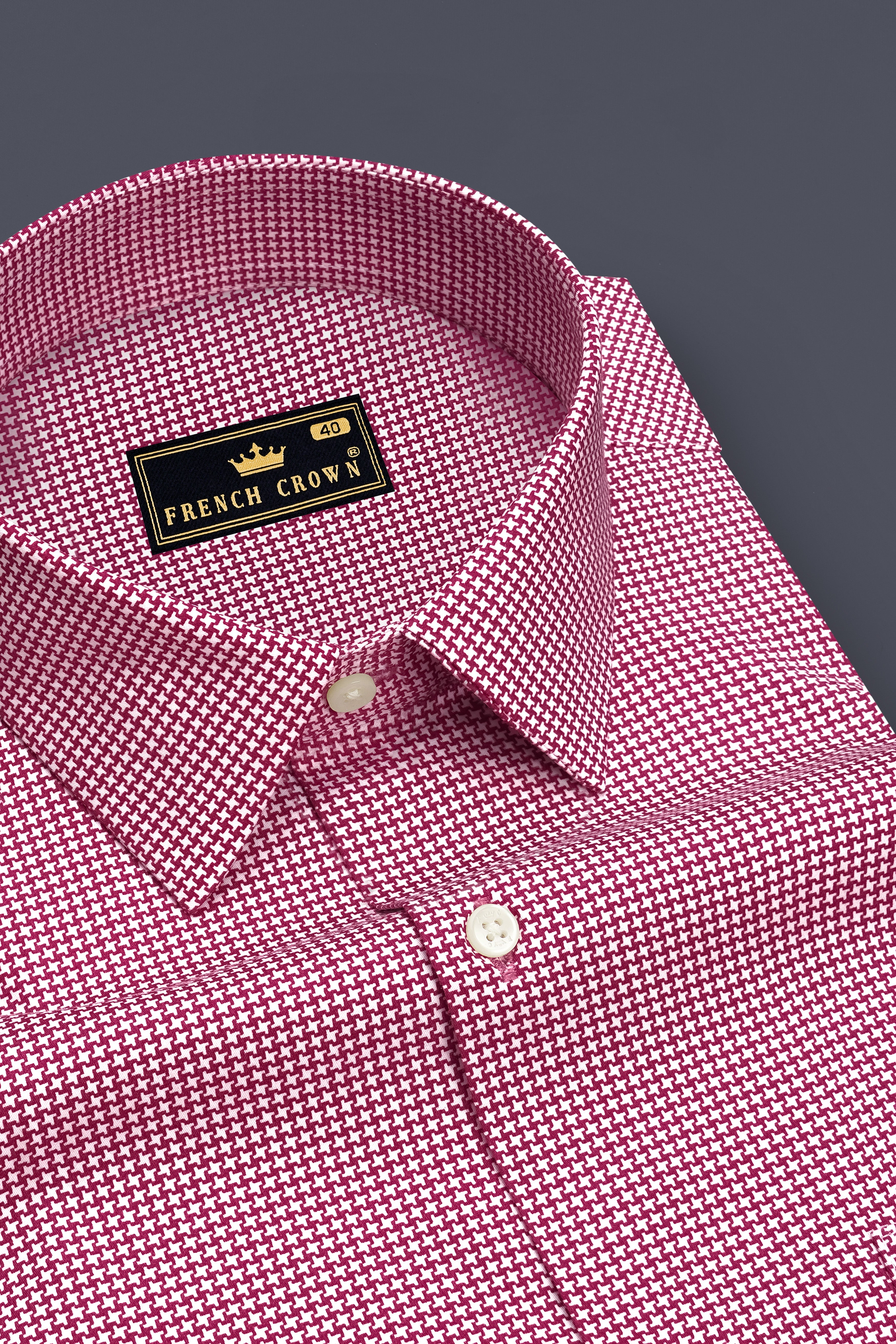 Lumier-Mulberry Pink Houndstooth Printed Subtle Sheen Super Soft Premium Cotton Dress Shirt