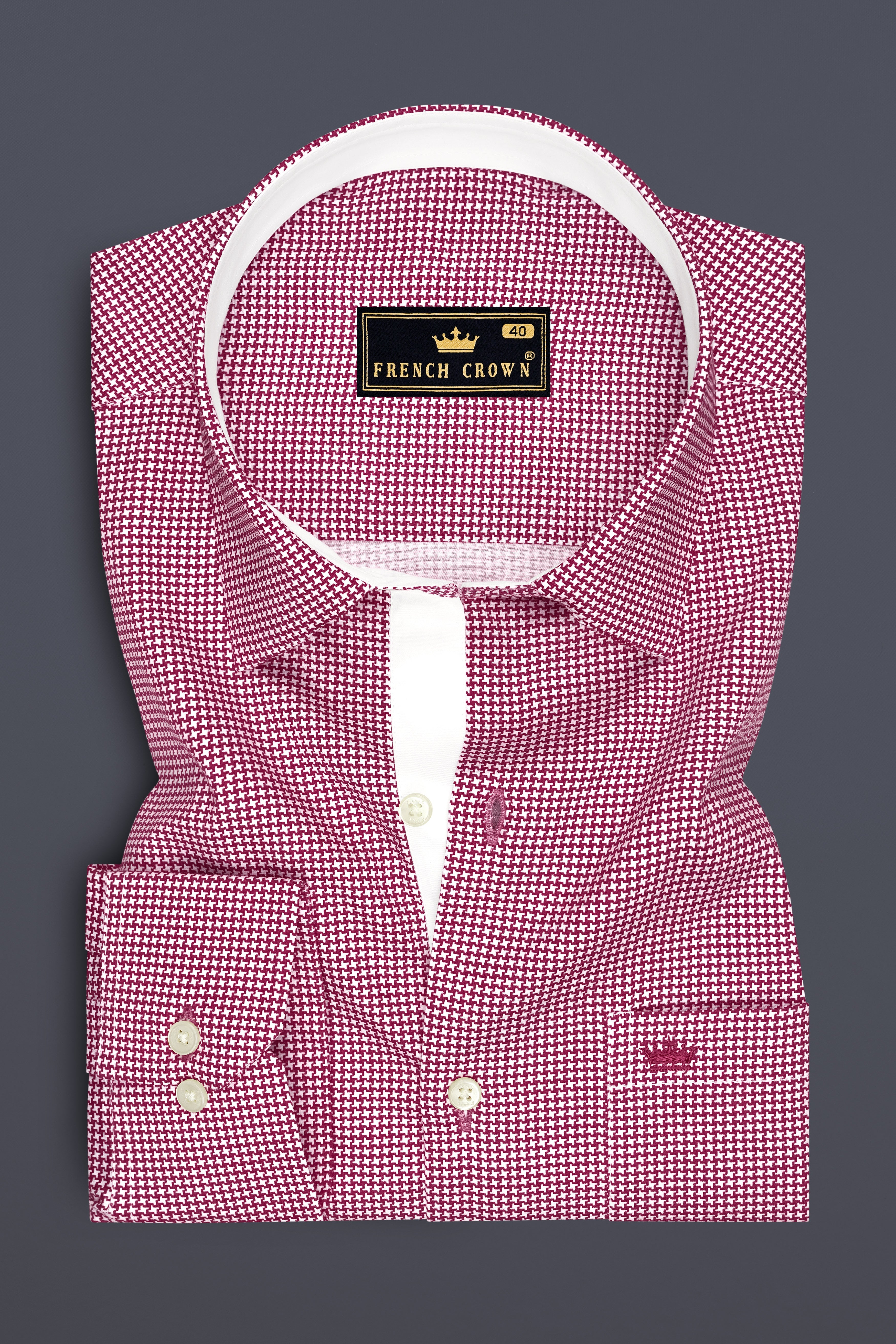 Lumier-Mulberry Pink Houndstooth Printed Subtle Sheen Soft Premium Cotton Dress Shirt