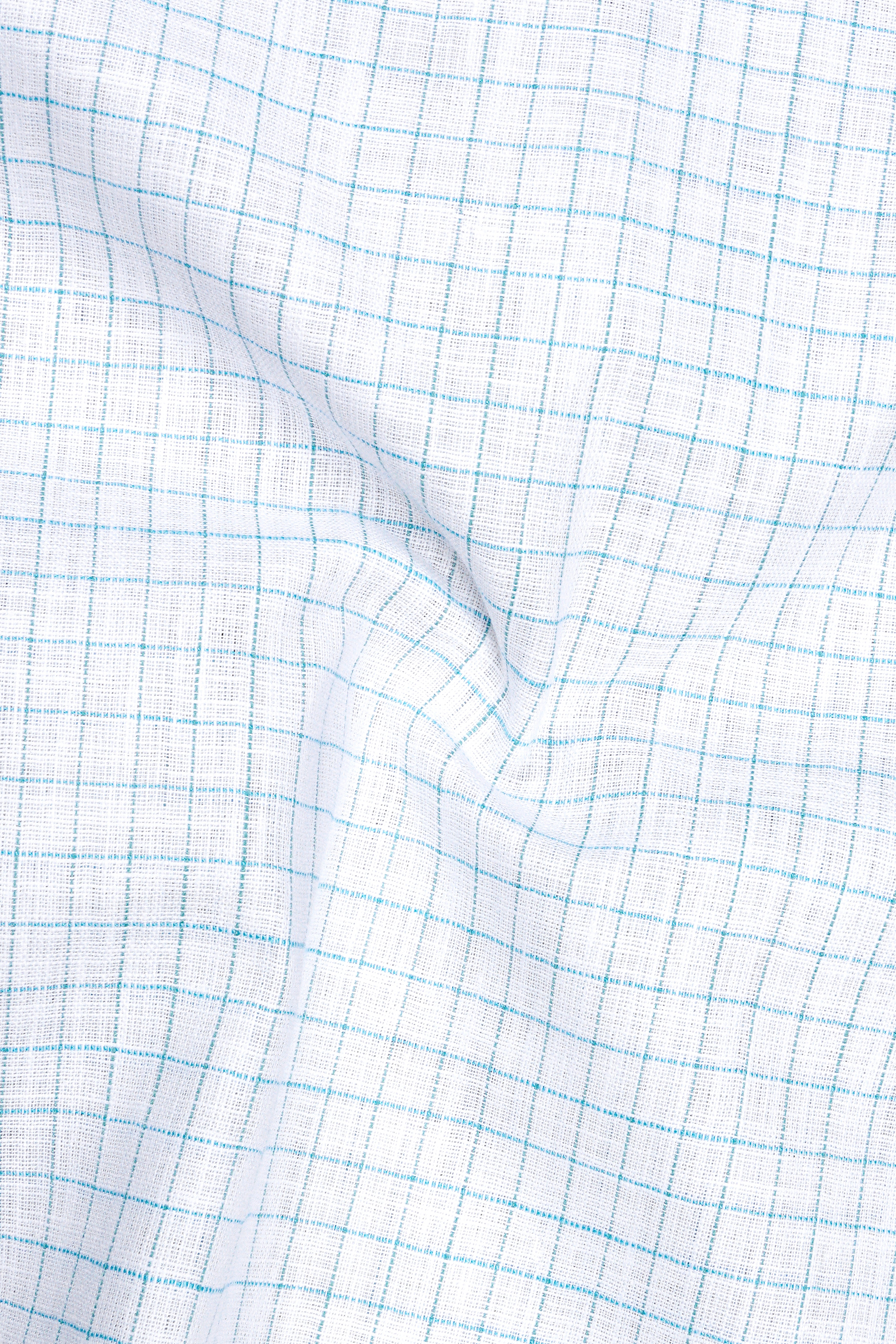 Zephyr-Bright White And Aquamarine Blue Windowpane Luxurious Linen Mandarin Casual Shirt