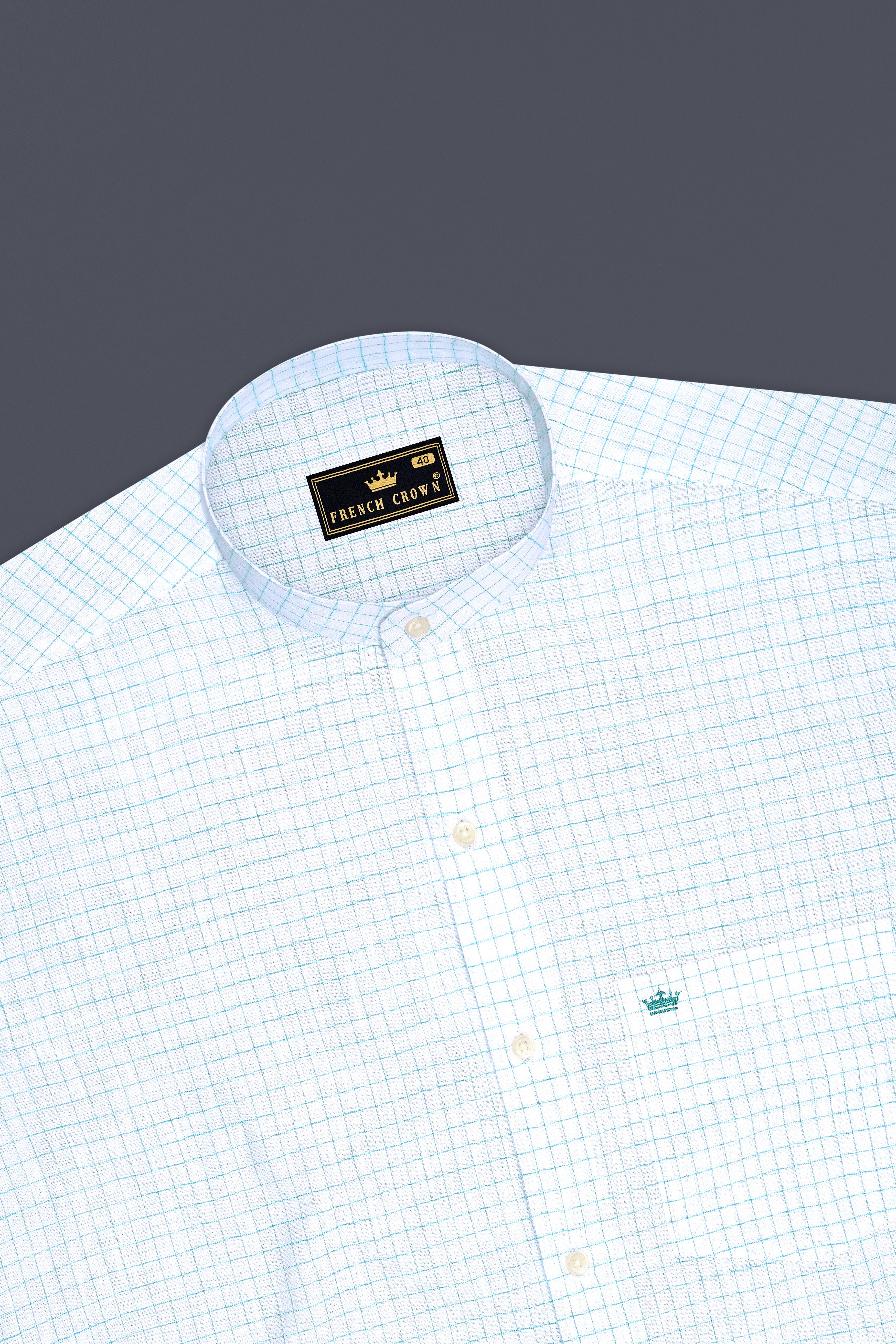 Zephyr-Bright White And Aquamarine Blue Windowpane Luxurious Linen Mandarin Casual Shirt