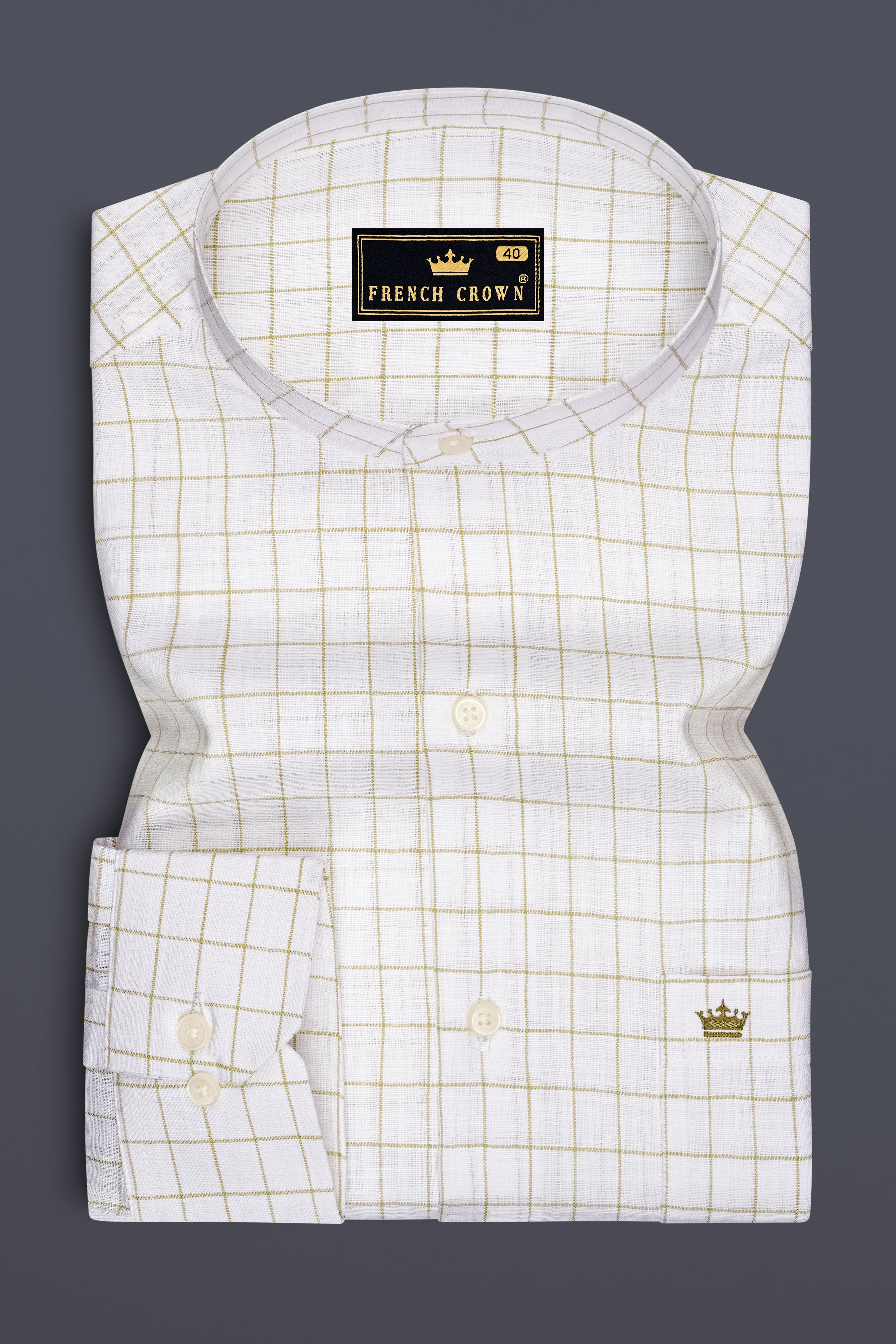 Sierra-Bright White And Muesli Brown Windowpane Luxurious Linen Mandarin Casual Shirt