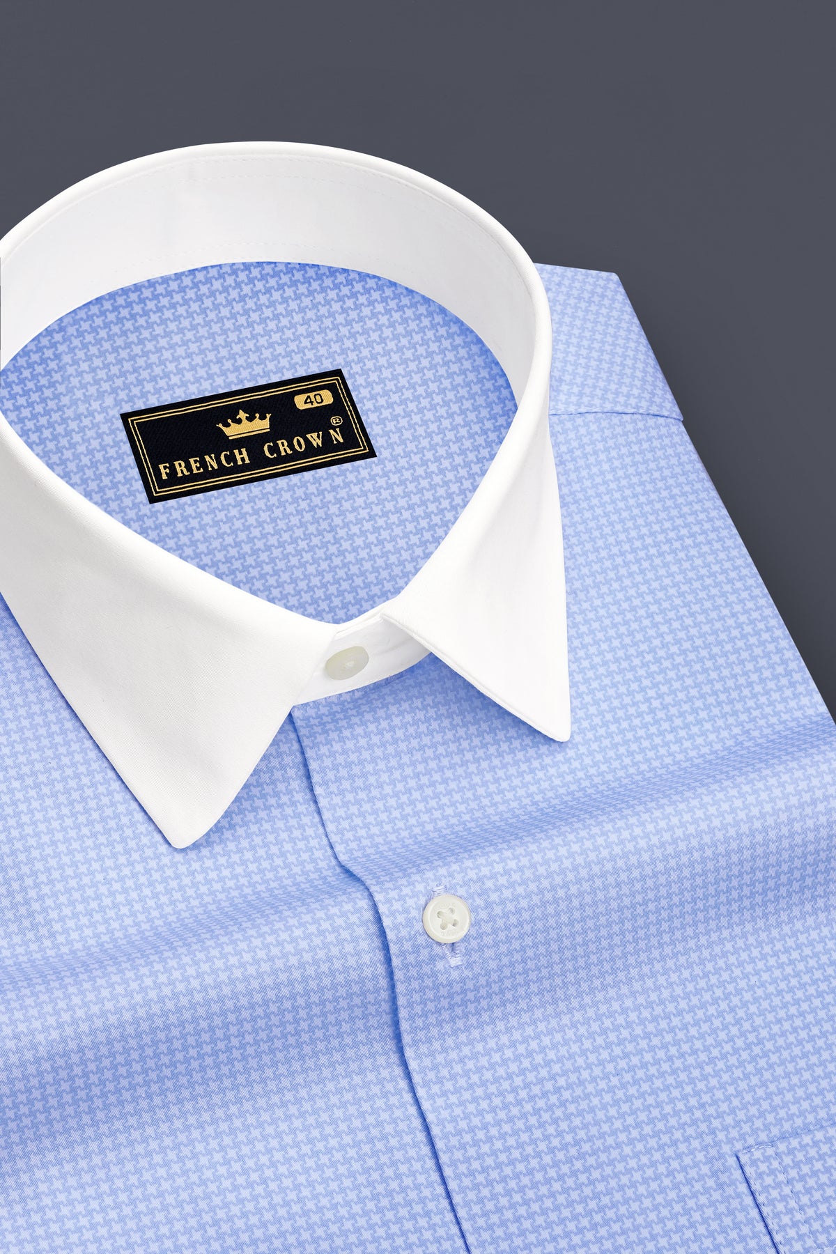Vireo-Carolina Blue Houndstooth Printed Subtle Sheen Super Soft Premium Cotton White Cuff Collar Dress Shirt