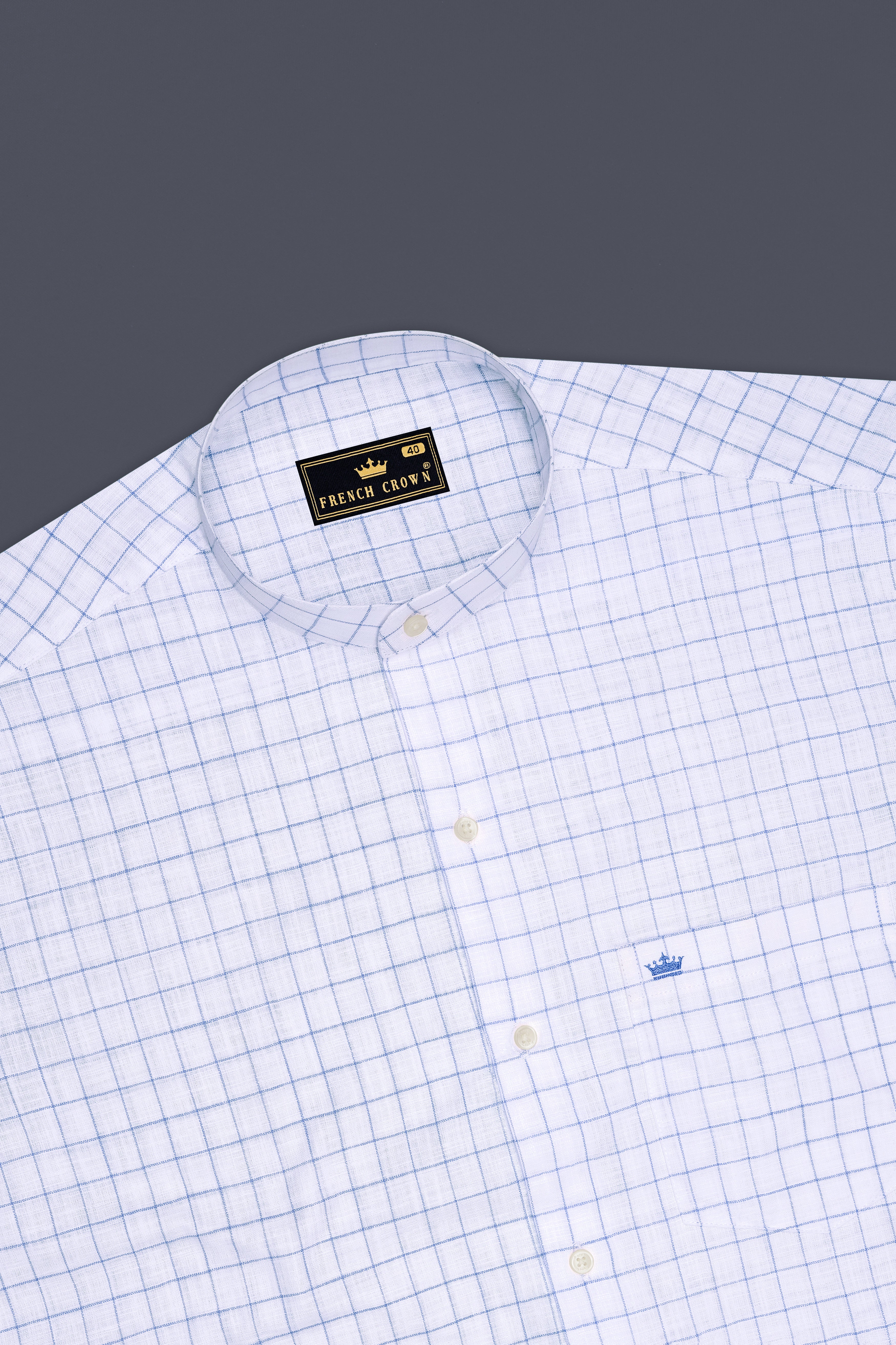 Lumen-Bright White And Periwinkle Blue Windowpane Luxurious Linen Mandarin Casual Shirt