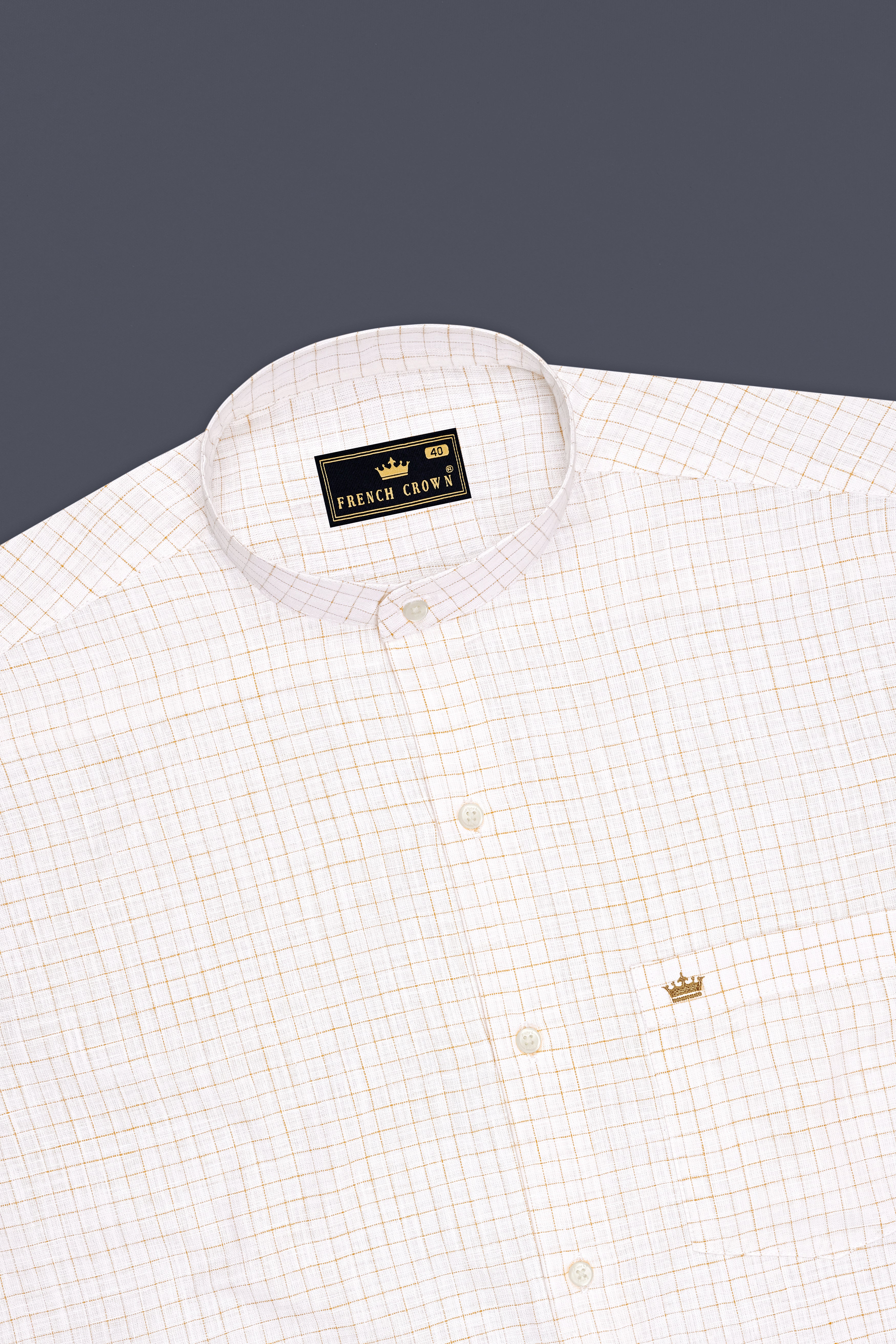 Bristol-Bright White And Tan Brown Windowpane Luxurious Linen Mandarin Casual Shirt