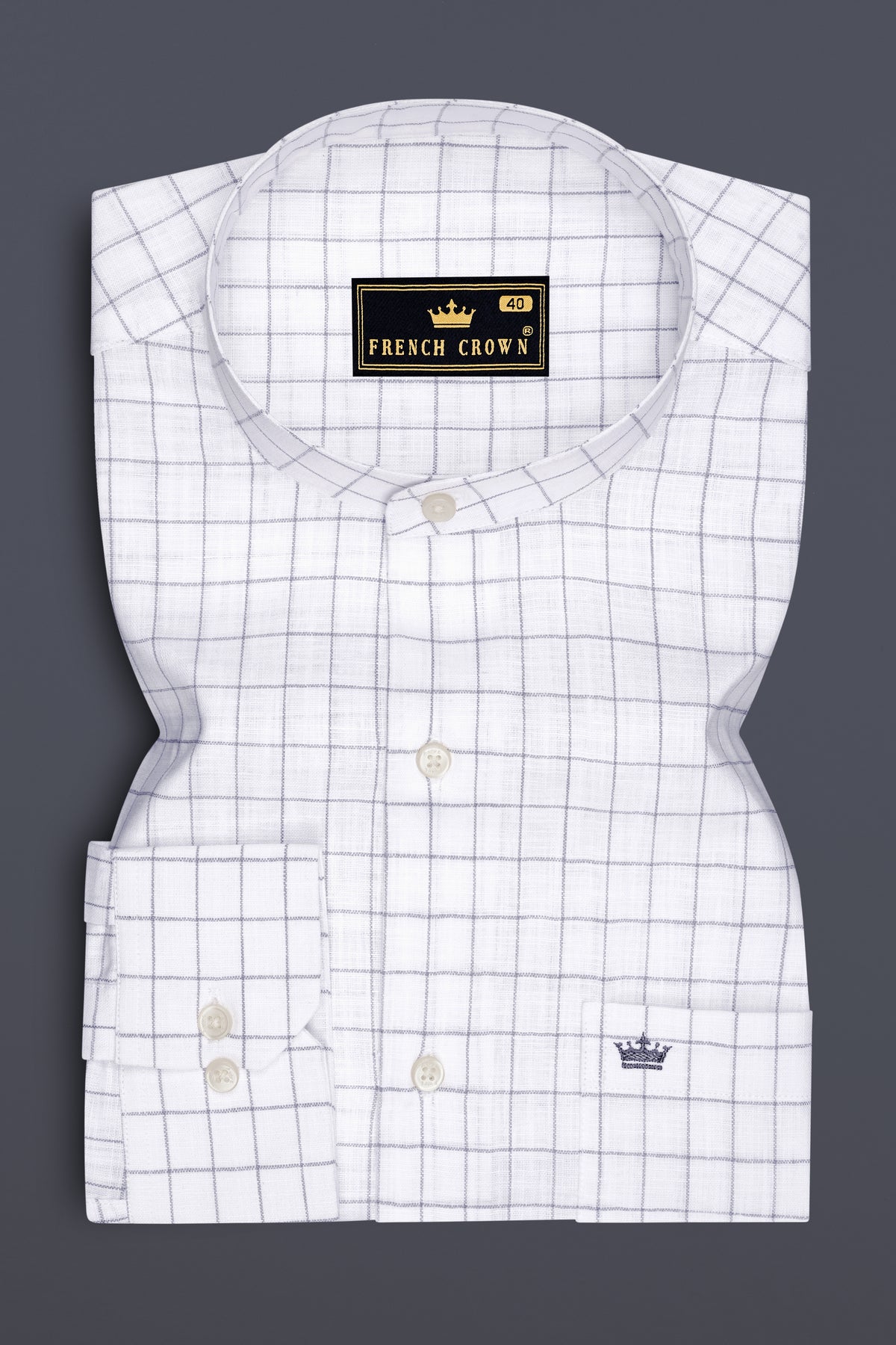 Aureum-Bright White And Bronco Gray Windowpane Luxurious Linen Mandarin Casual Shirt