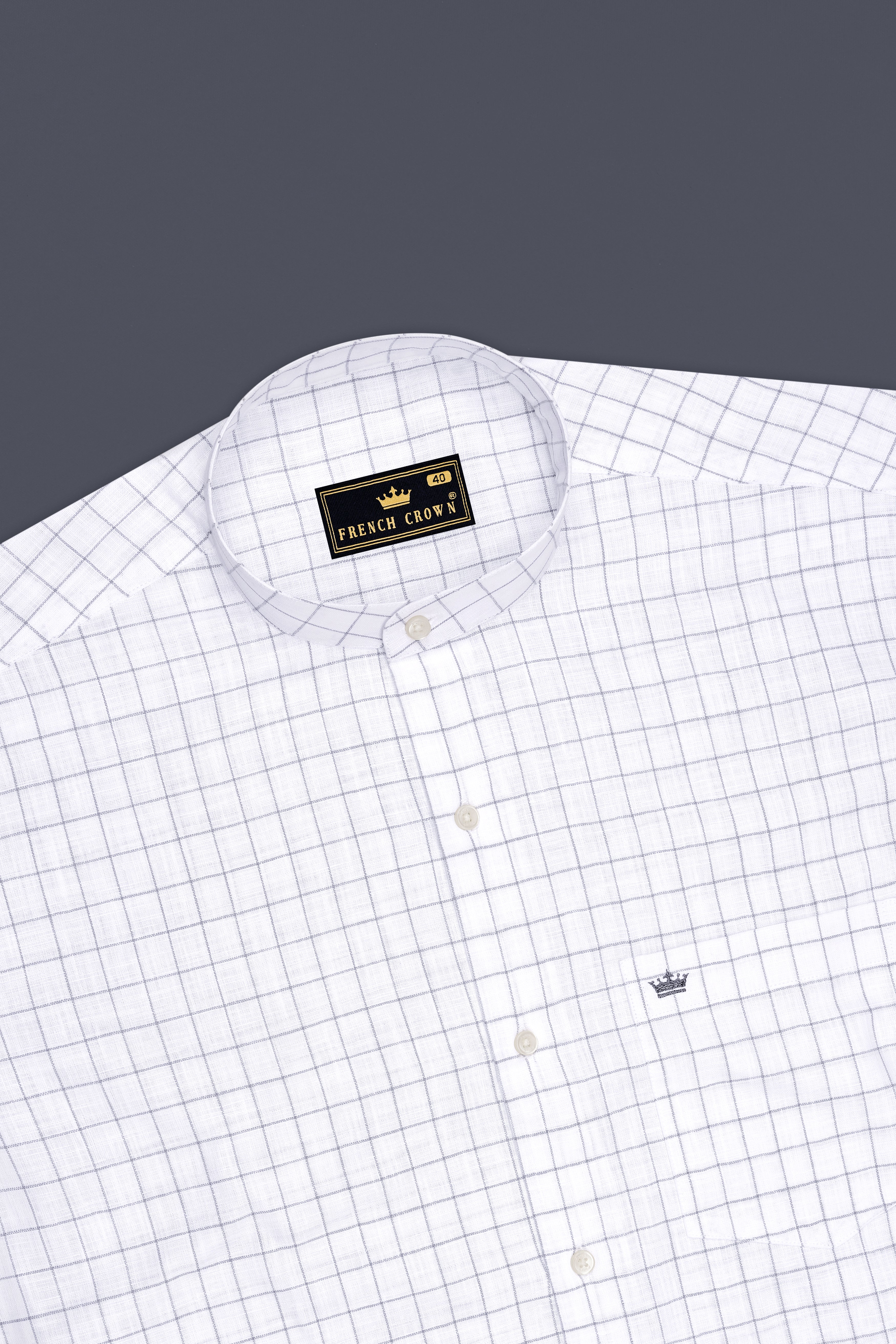 Aureum-Bright White And Bronco Gray Windowpane Luxurious Linen Mandarin Casual Shirt