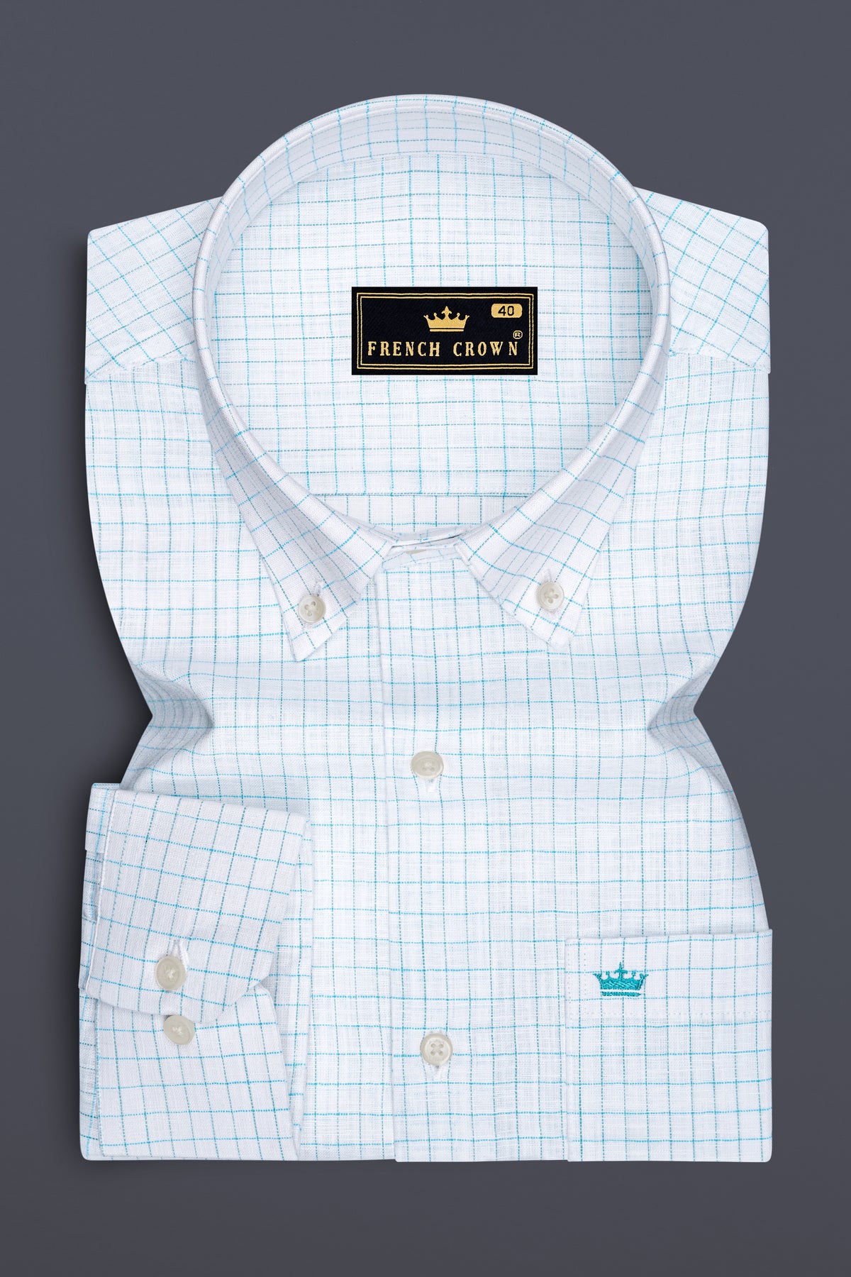 Zephyr-Bright White And Aquamarine Blue Windowpane Luxurious Linen Button Down Dress Shirt