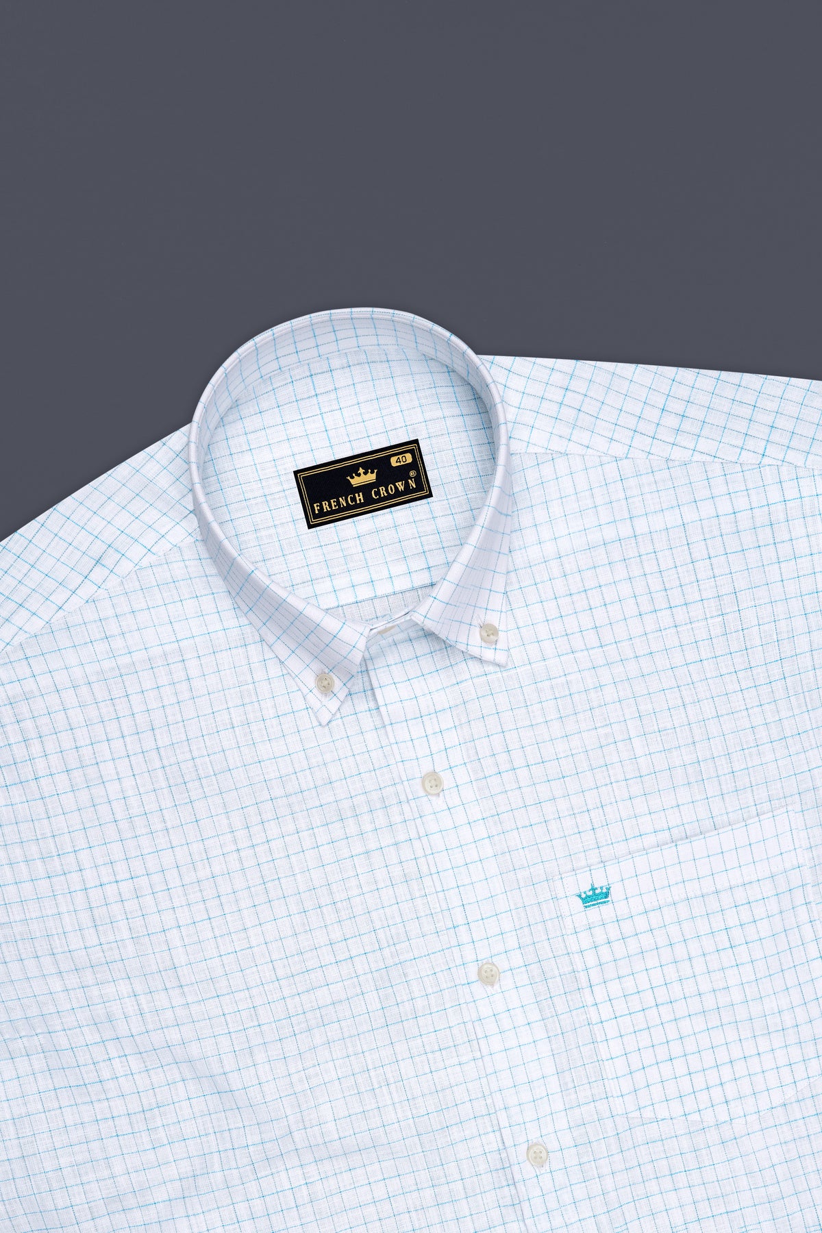 Zephyr-Bright White And Aquamarine Blue Windowpane Luxurious Linen Button Down Dress Shirt