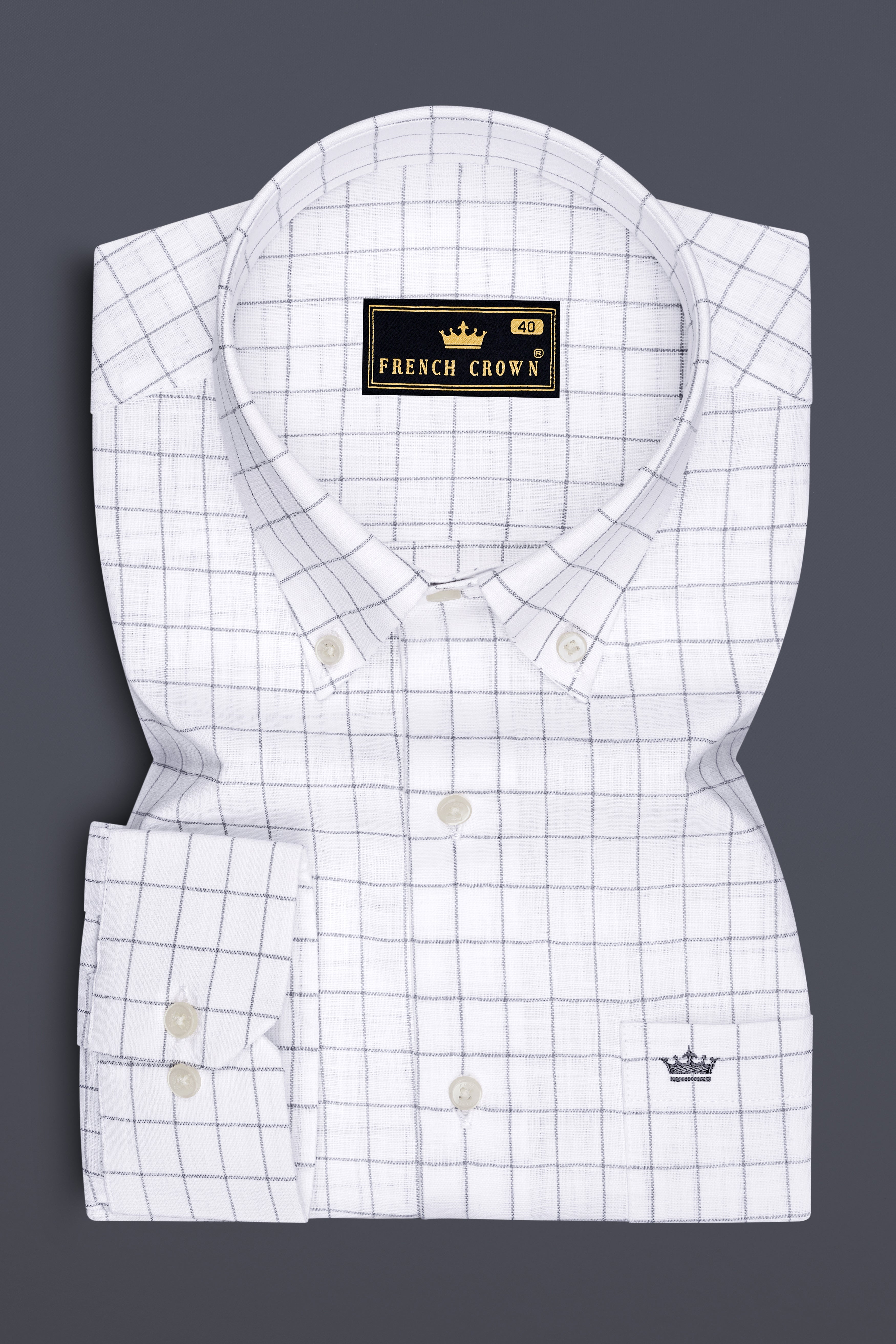 Aureum-Bright White And Bronco Gray Windowpane Luxurious Linen Button Down Dress Shirt