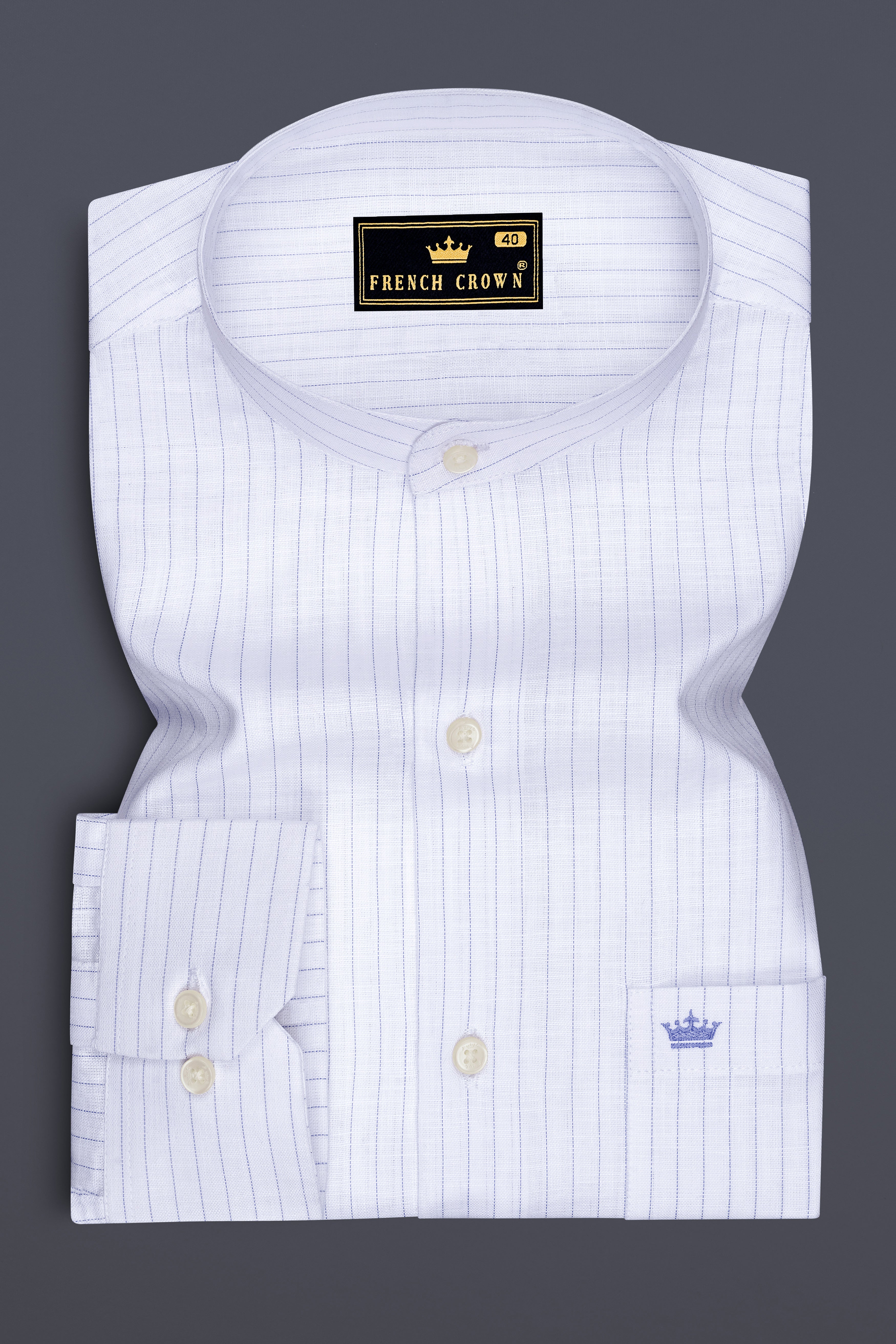 Alviero-Bright White And Bell Blue Pin Striped Luxurious Linen Mandarin Casual Shirt