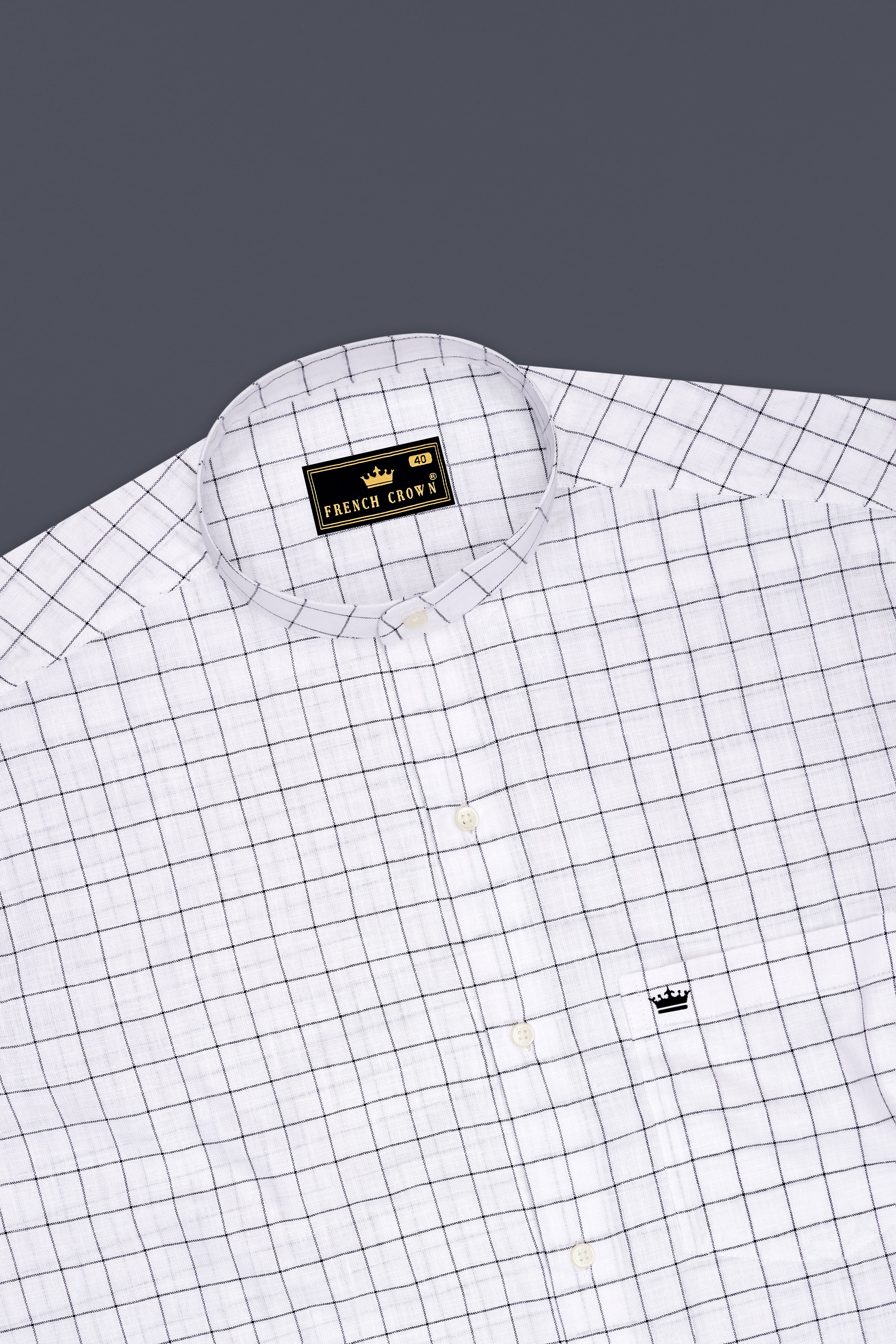 Ardent-Bright White And Jade Black Windowpane Luxurious Linen Mandarin Casual Shirt