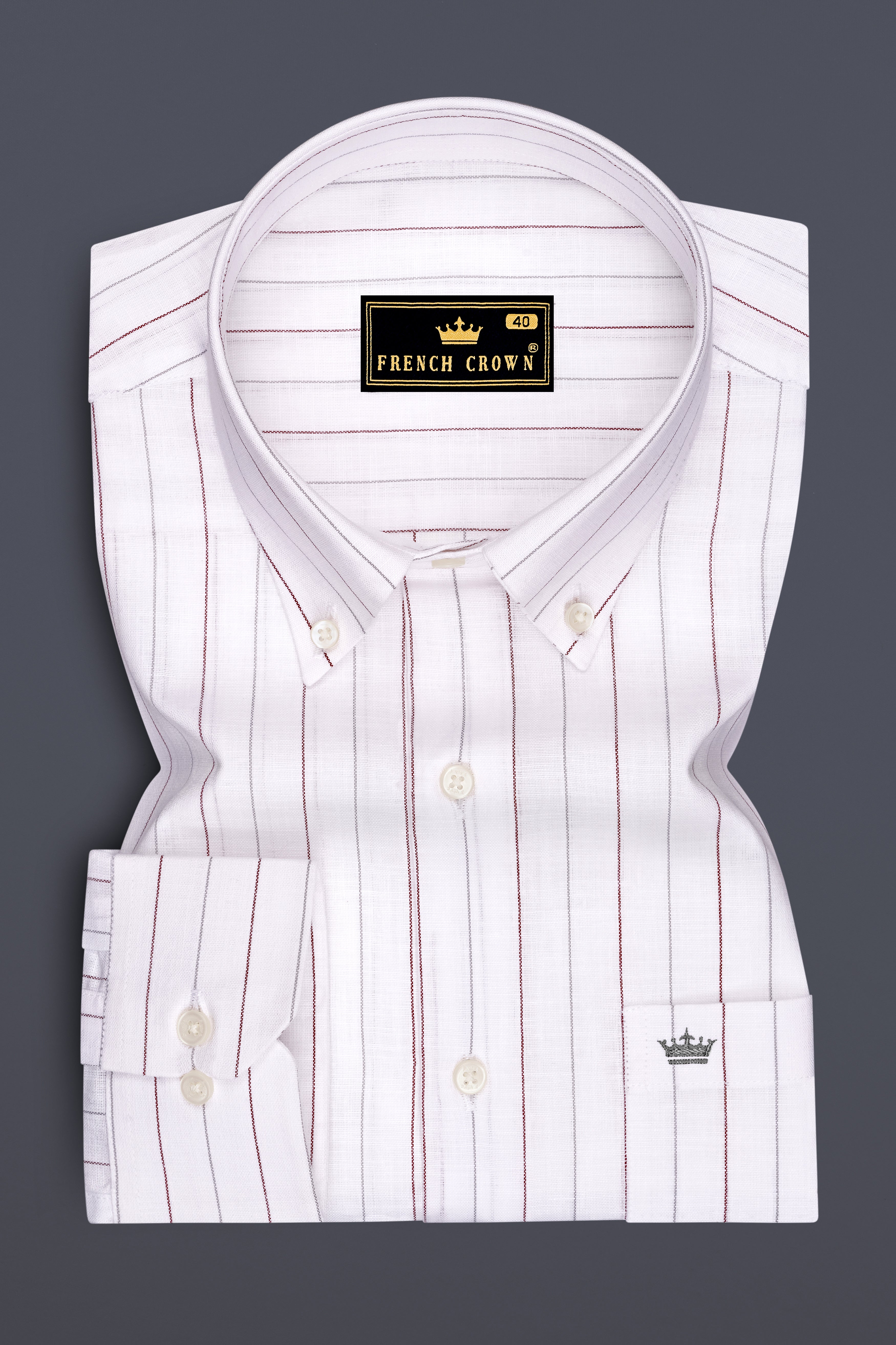 Regent-Bright White And Burnt Red Pin Striped Luxurious Linen Button Down Dress Shirt