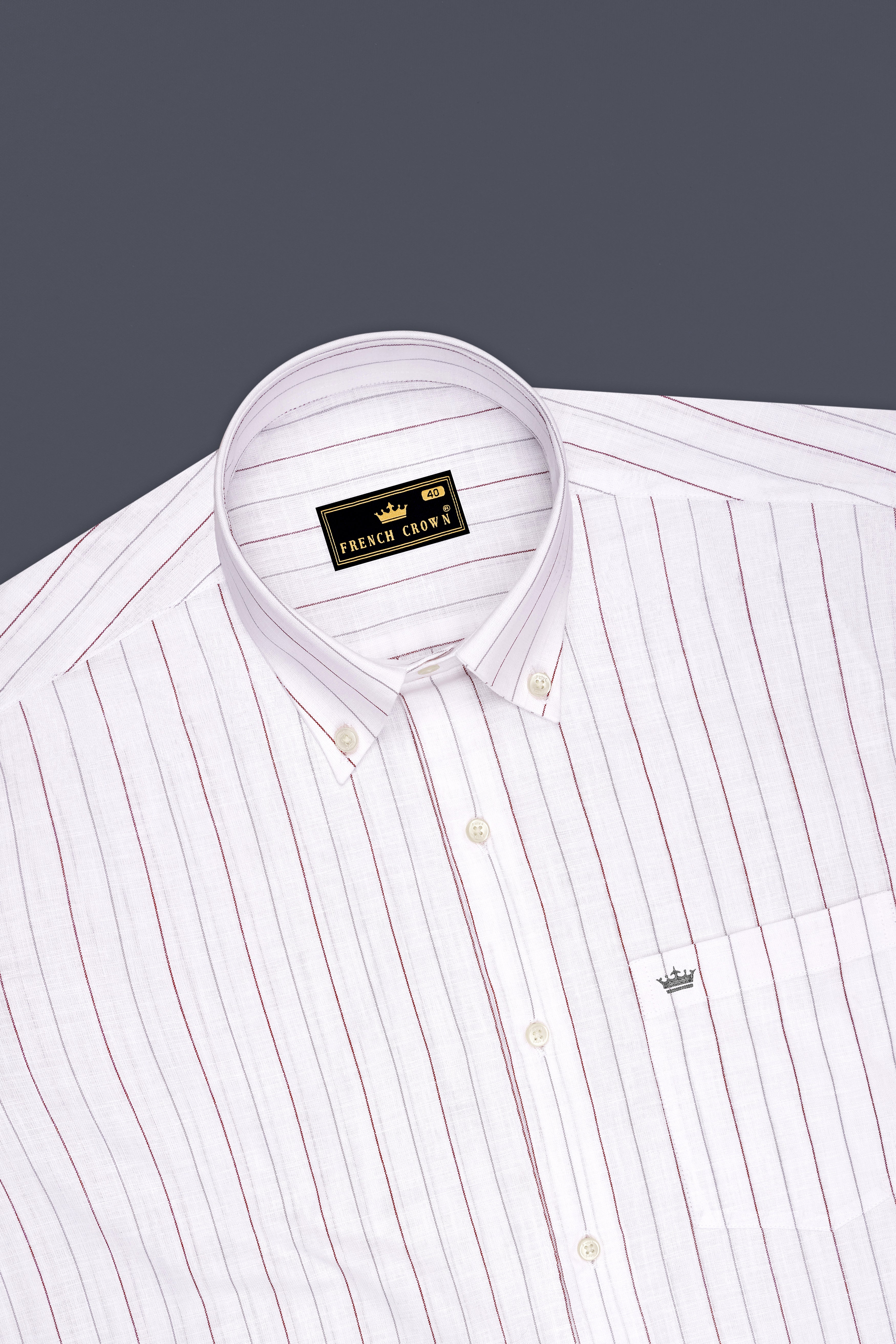 Regent-Bright White And Burnt Red Pin Striped Luxurious Linen Button Down Dress Shirt