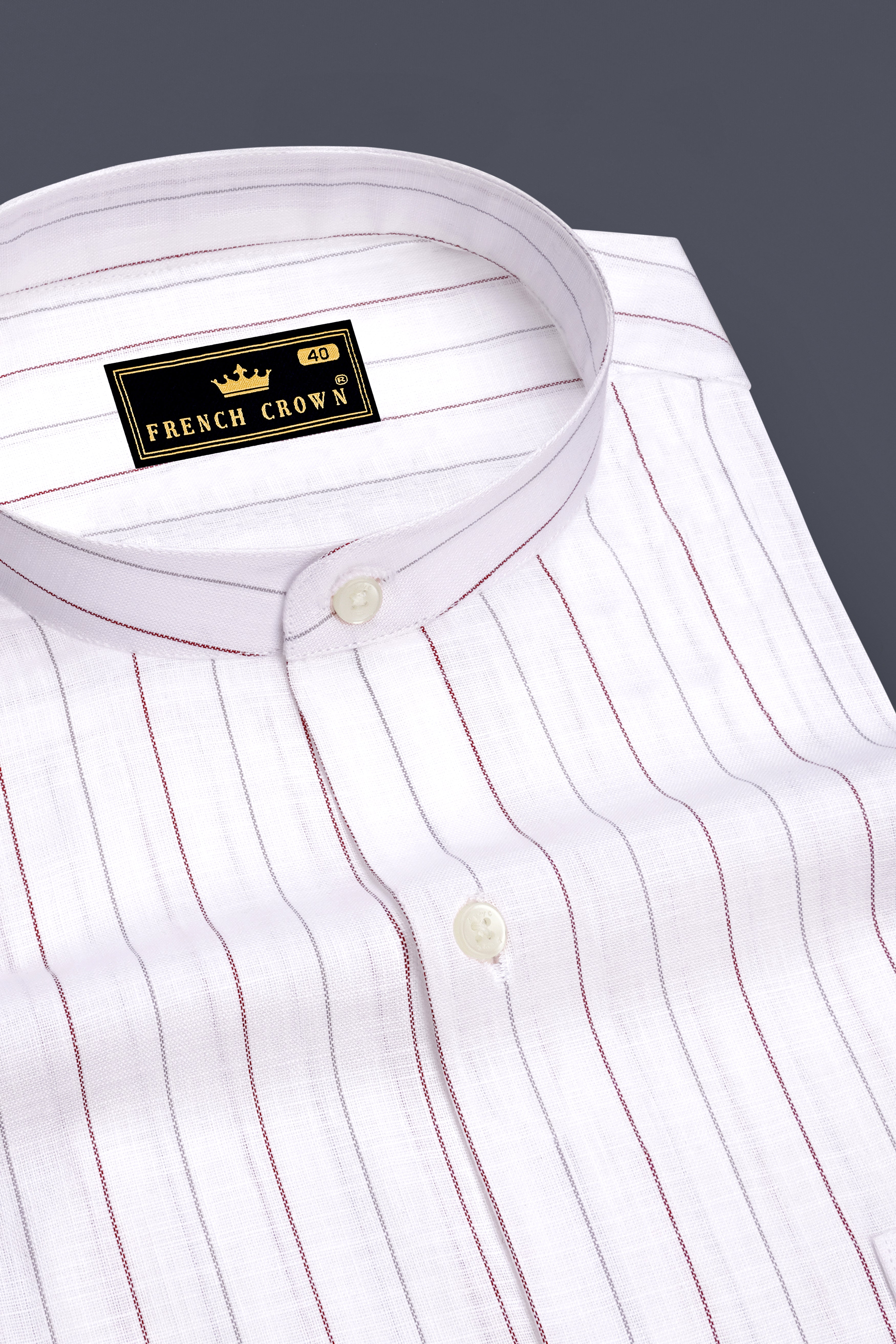 Regent-Bright White And Burnt Red Pin Striped Luxurious Linen Mandarin Casual Shirt