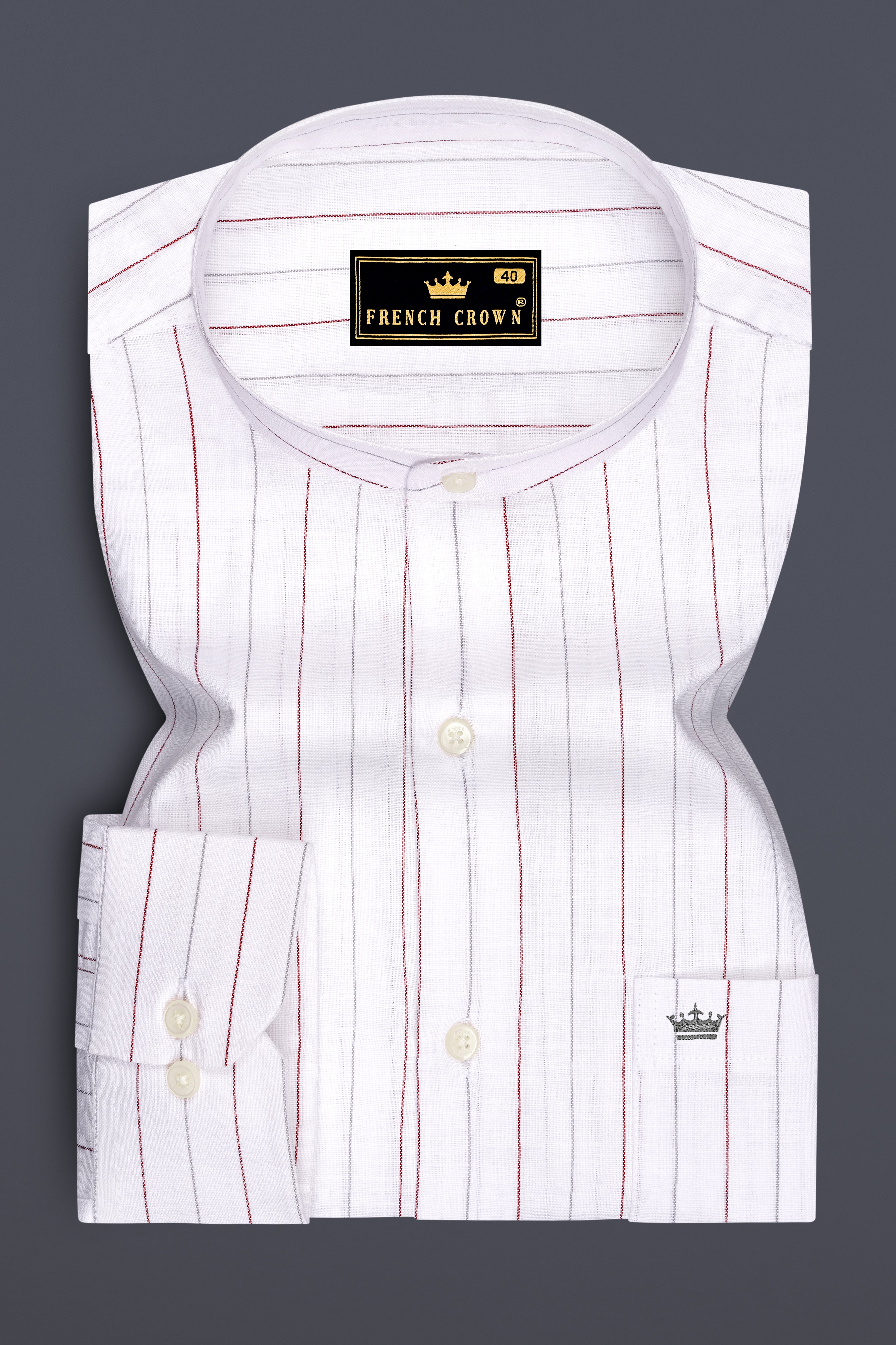 Regent-Bright White And Burnt Red Pin Striped Luxurious Linen Mandarin Casual Shirt