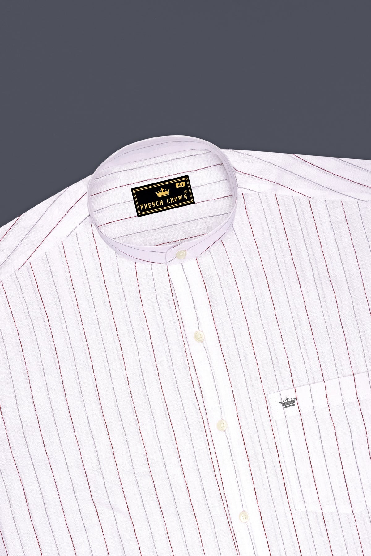 Regent-Bright White And Burnt Red Pin Striped Luxurious Linen Mandarin Casual Shirt