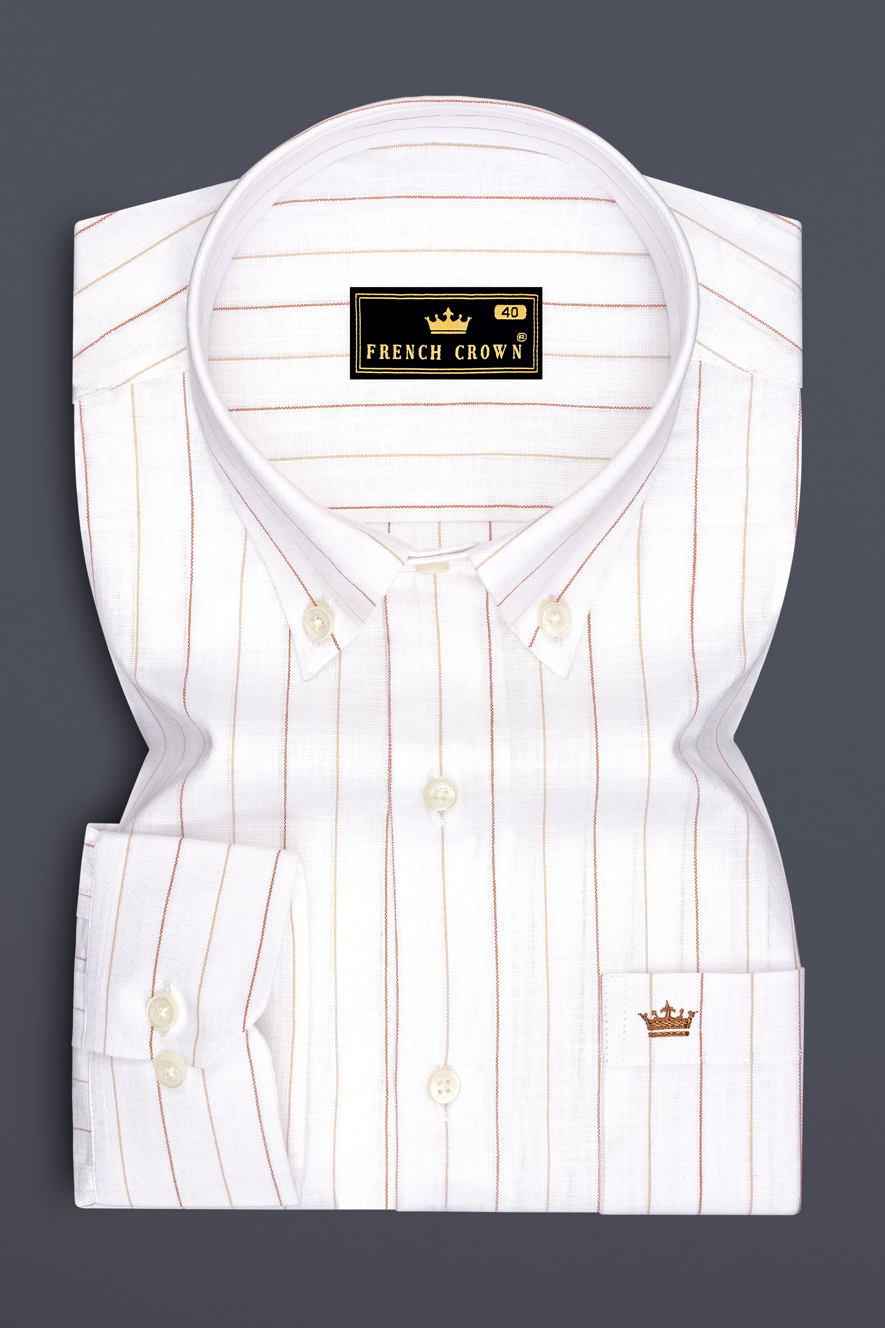 Solenne-Bright White And Auburn Orange Pin Striped Luxurious Linen Button Down Dress Shirt