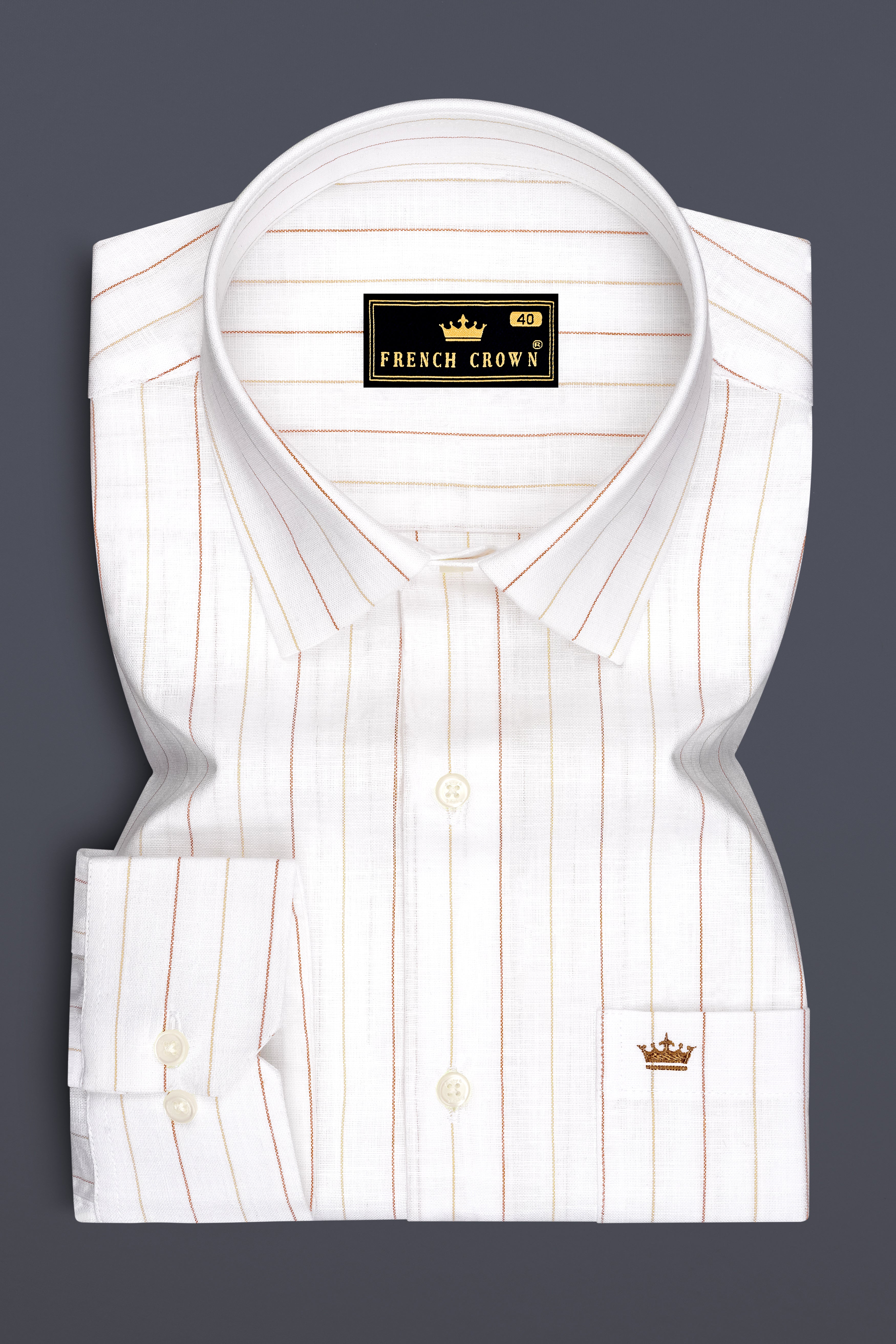 Solenne-Bright White And Auburn Orange Pin Striped Luxurious Linen Dress Shirt