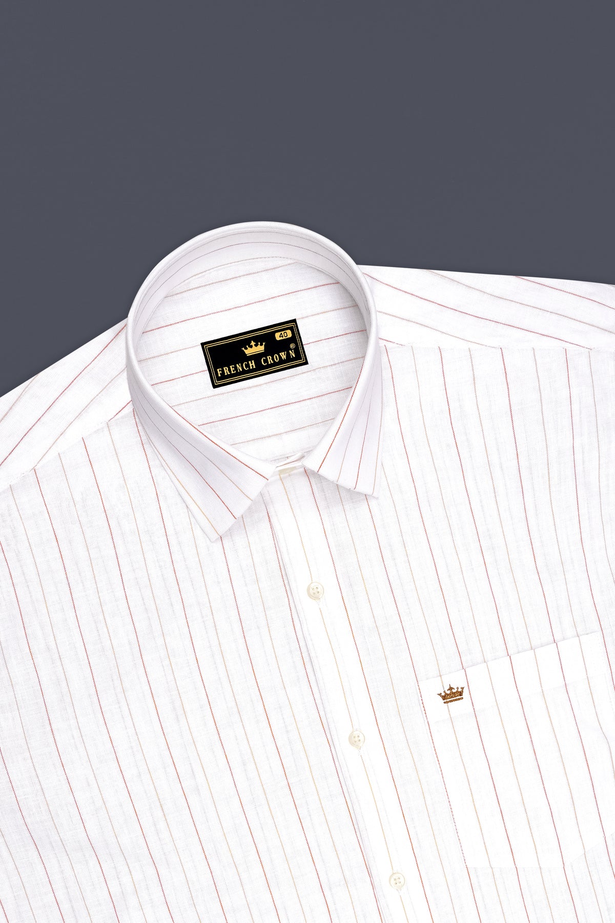 Solenne-Bright White And Auburn Orange Pin Striped Luxurious Linen Dress Shirt