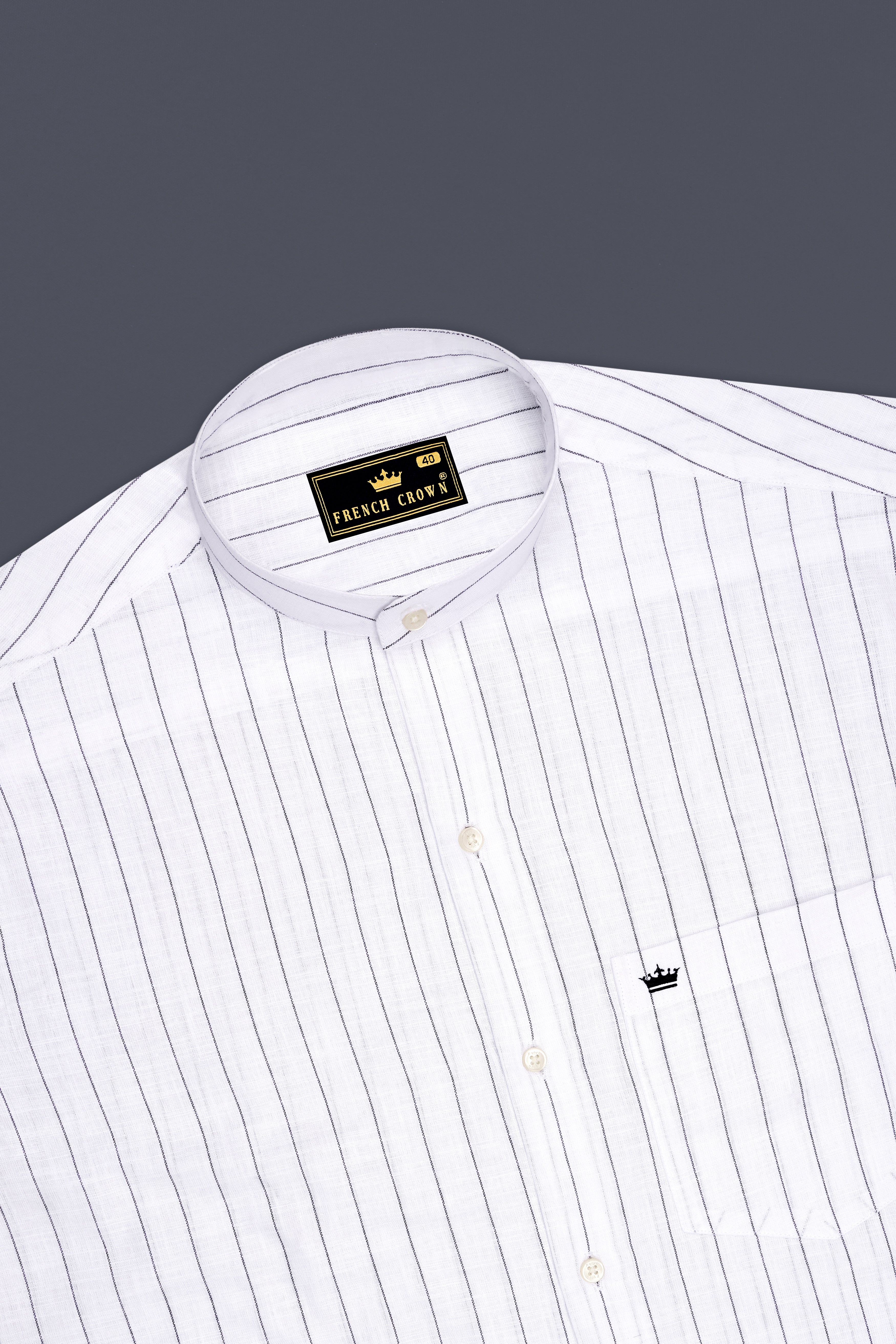 Elysian-Bright White And Jade Black Pin Striped Luxurious Linen Mandarin Casual Shirt