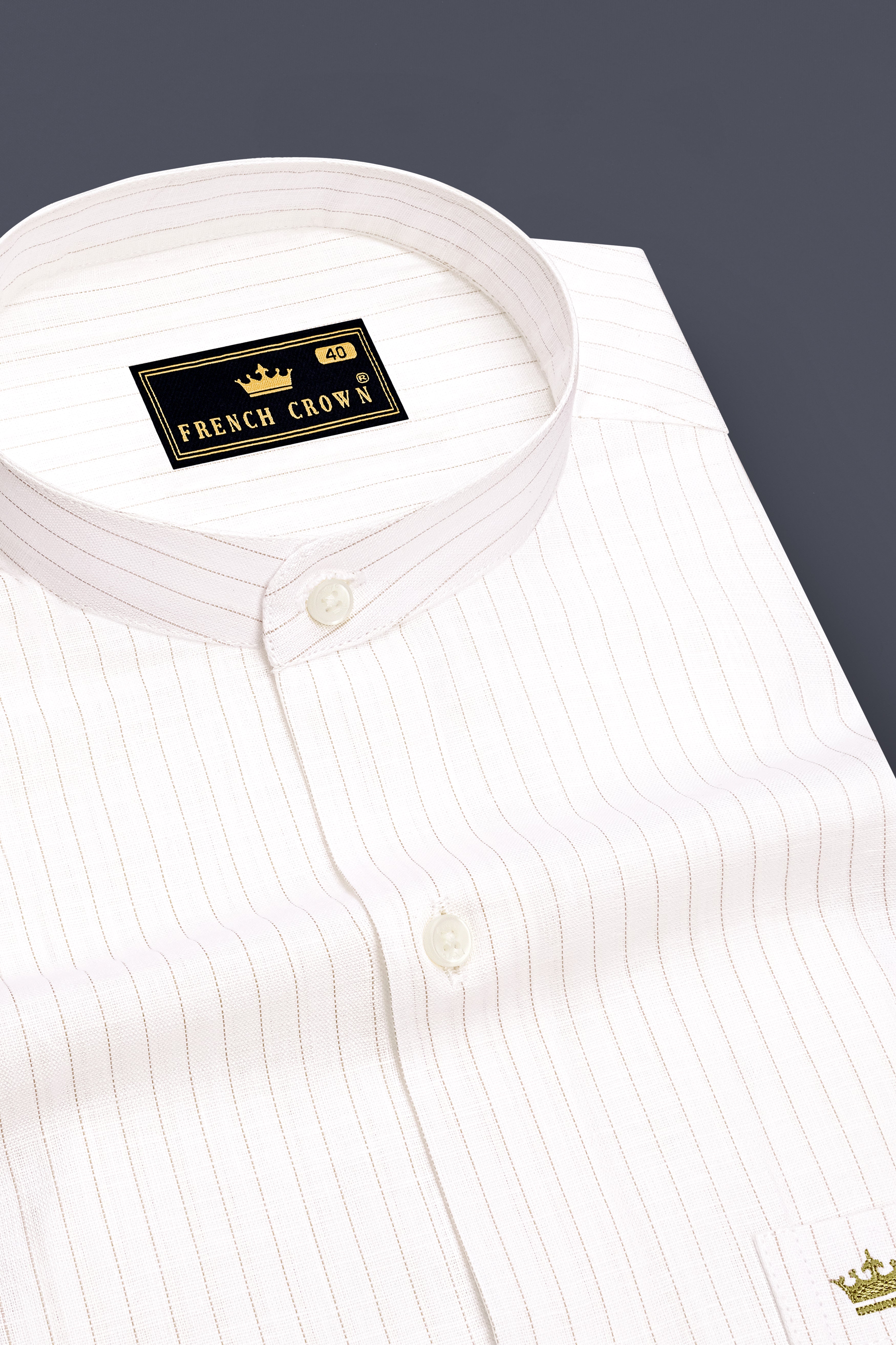 Siena-Bright White And Quicksand Brown Pin Striped Luxurious Linen Mandarin Casual Shirt