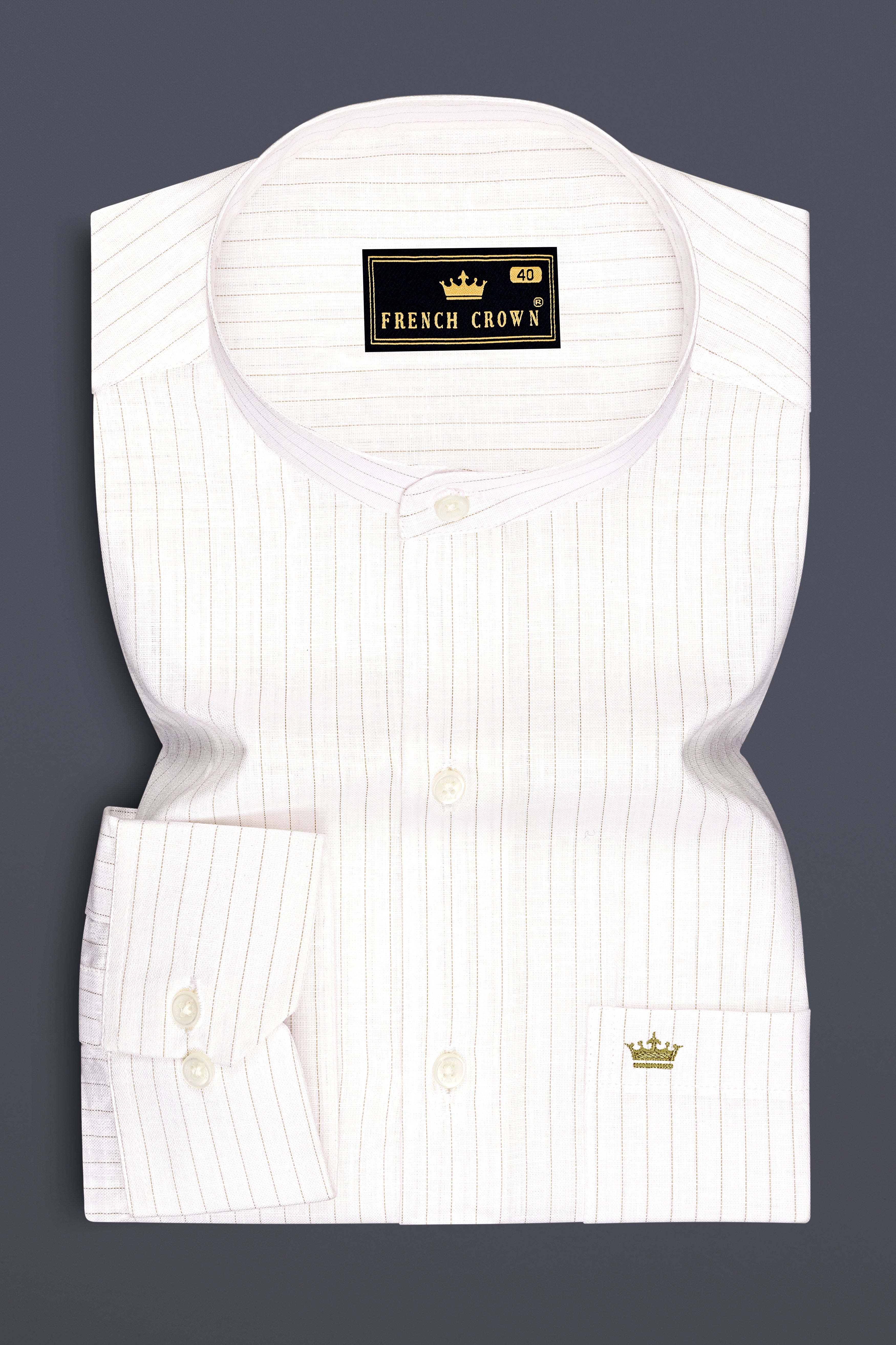 Siena-Bright White And Quicksand Brown Pin Striped Luxurious Linen Mandarin Casual Shirt