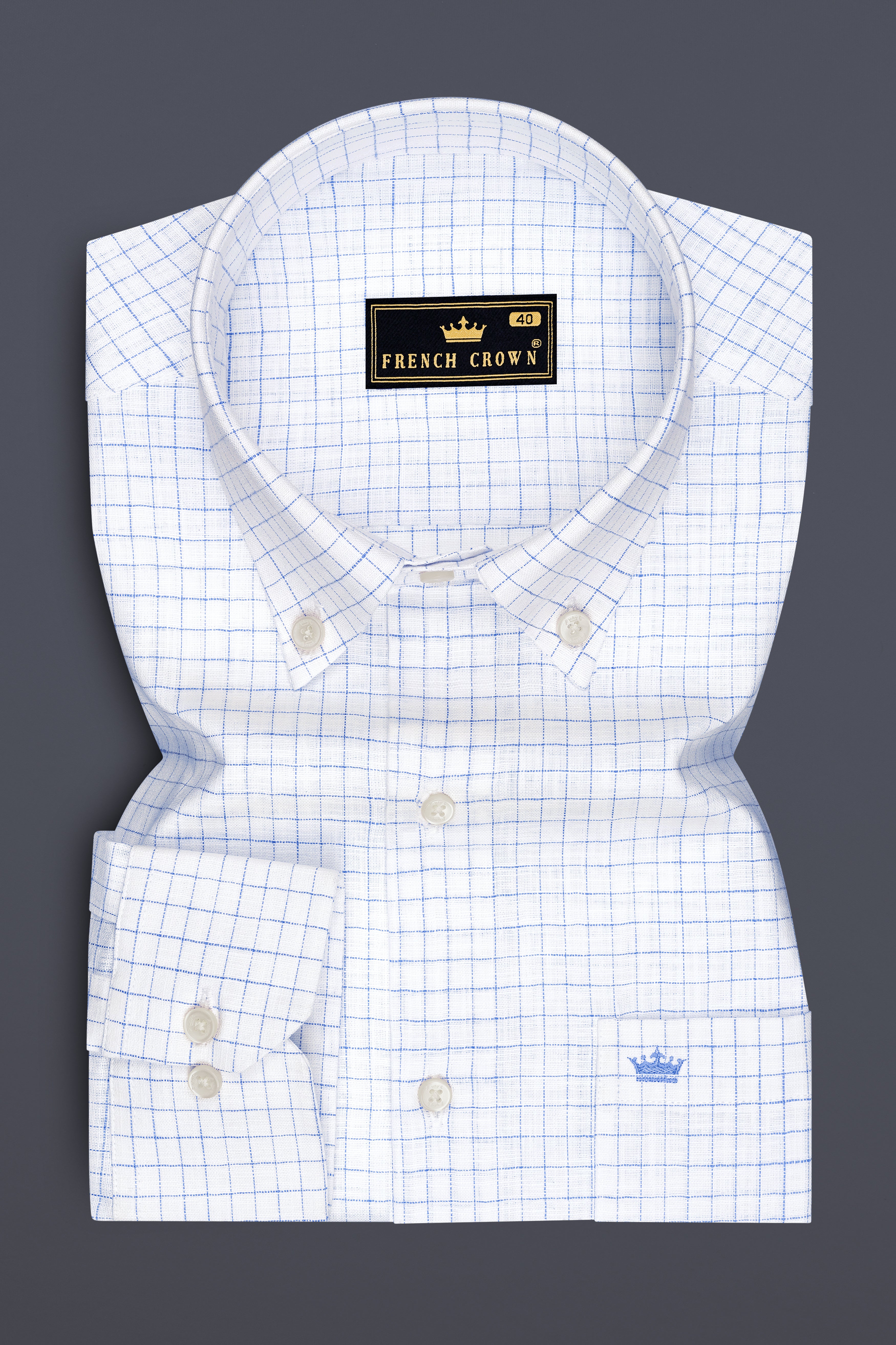 Breeze-Bright White And Tufts Blue Windowpane Luxurious Linen Button Down Dress Shirt