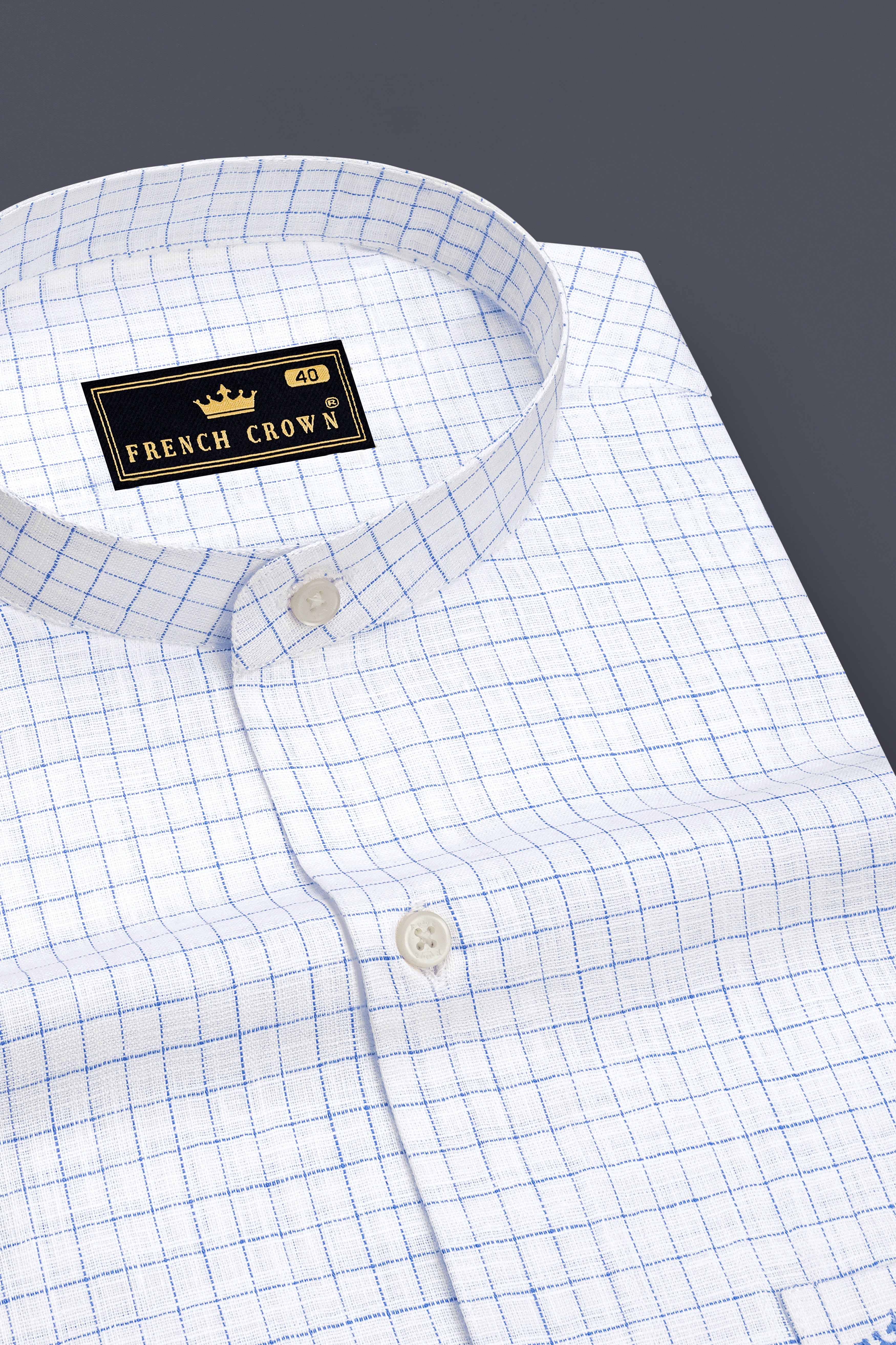 Breeze-Bright White And Tufts Blue Windowpane Luxurious Linen Mandarin Casual Shirt