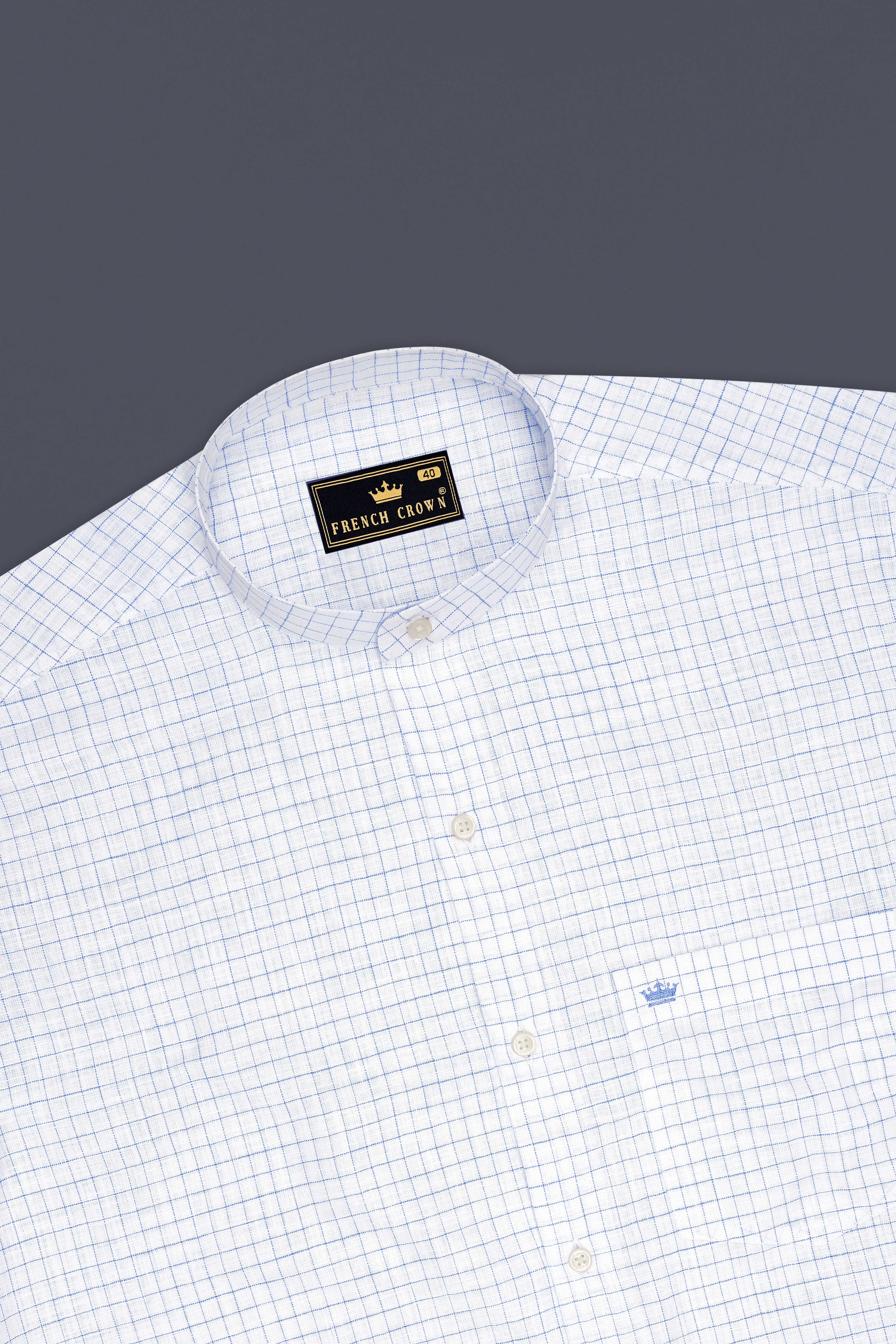 Breeze-Bright White And Tufts Blue Windowpane Luxurious Linen Mandarin Casual Shirt