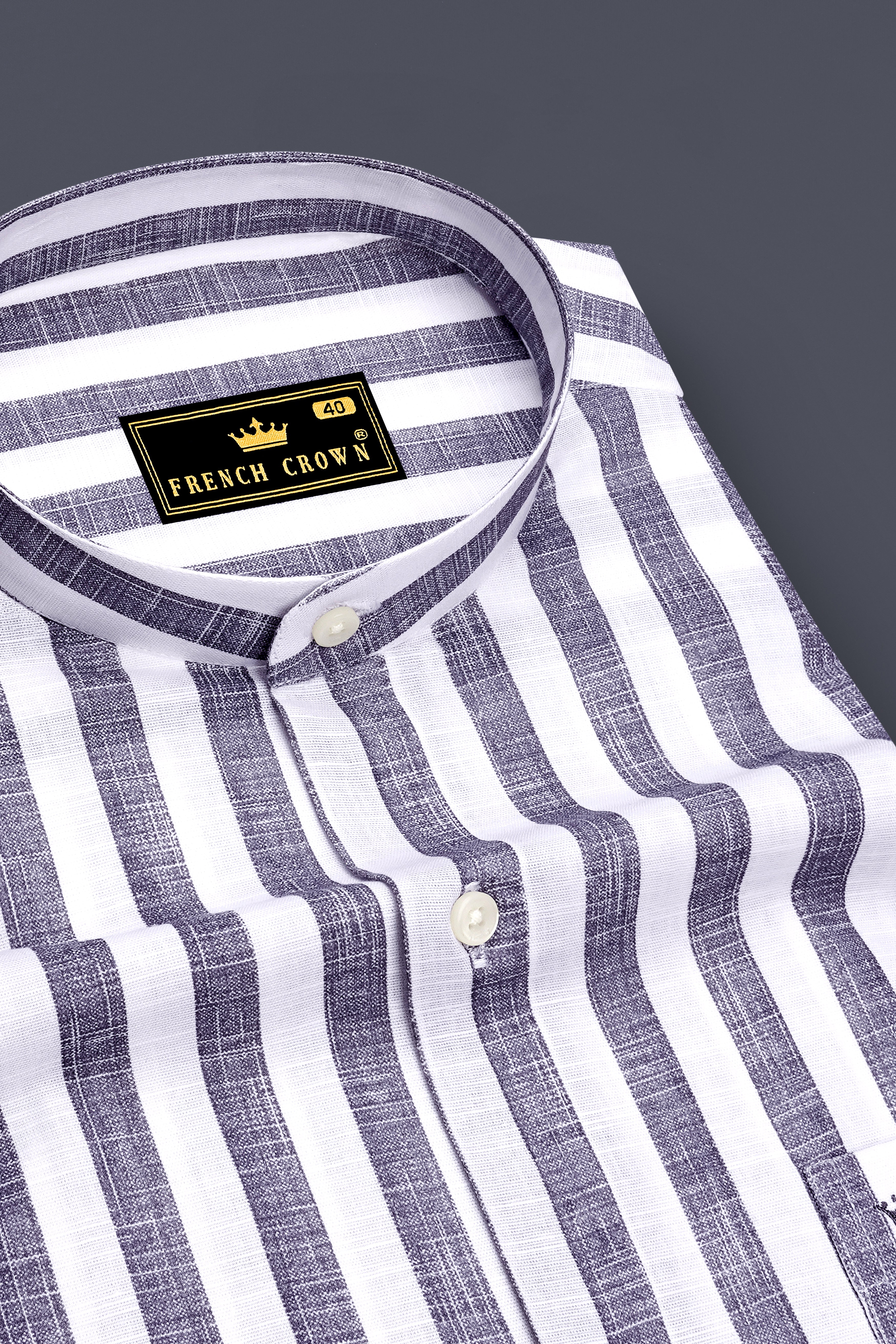 Avelon-Topaz Gray And Bright White Linen-Cotton Blend Mandarin Casual Shirt