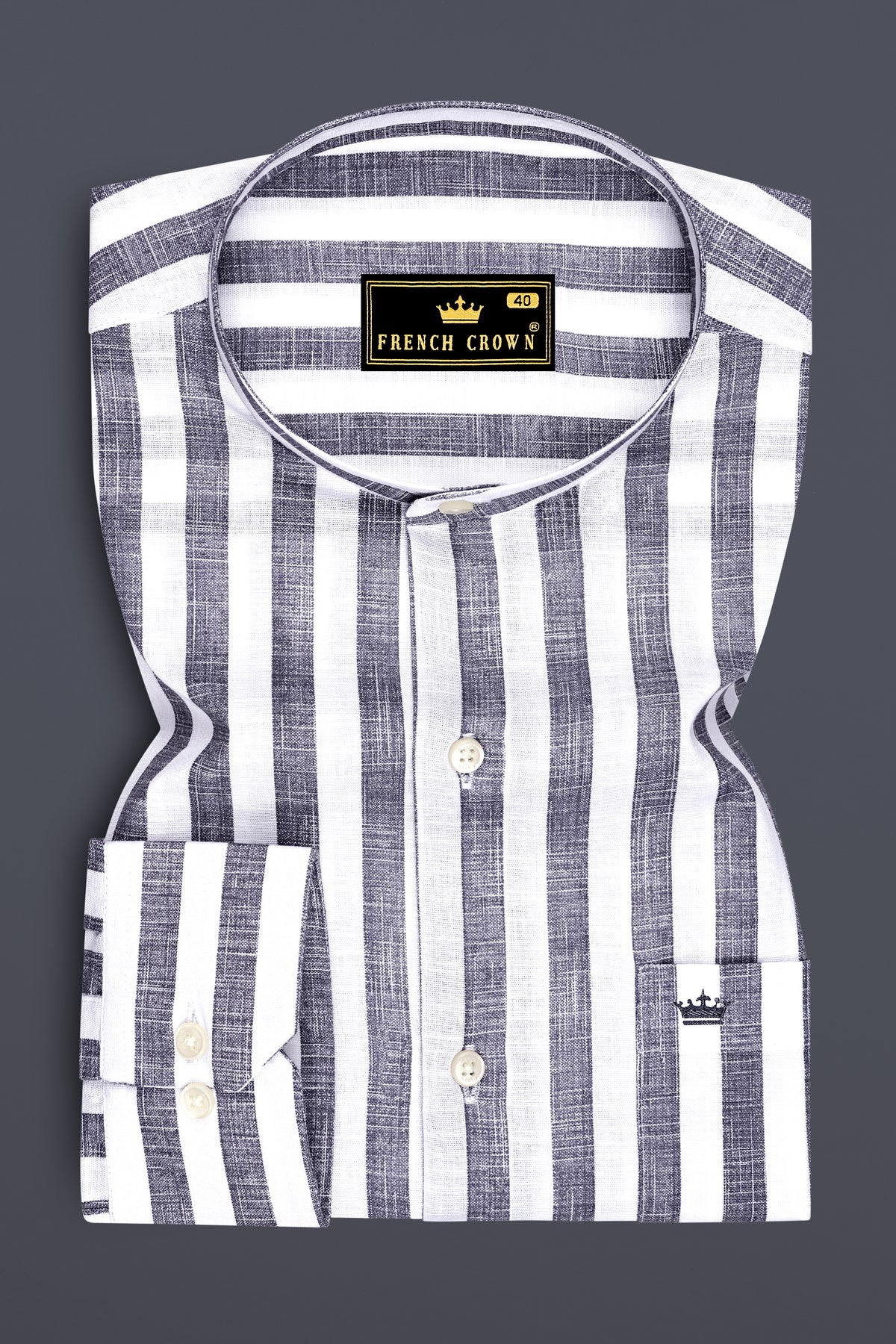Avelon-Topaz Gray And Bright White Linen-Cotton Blend Mandarin Casual Shirt