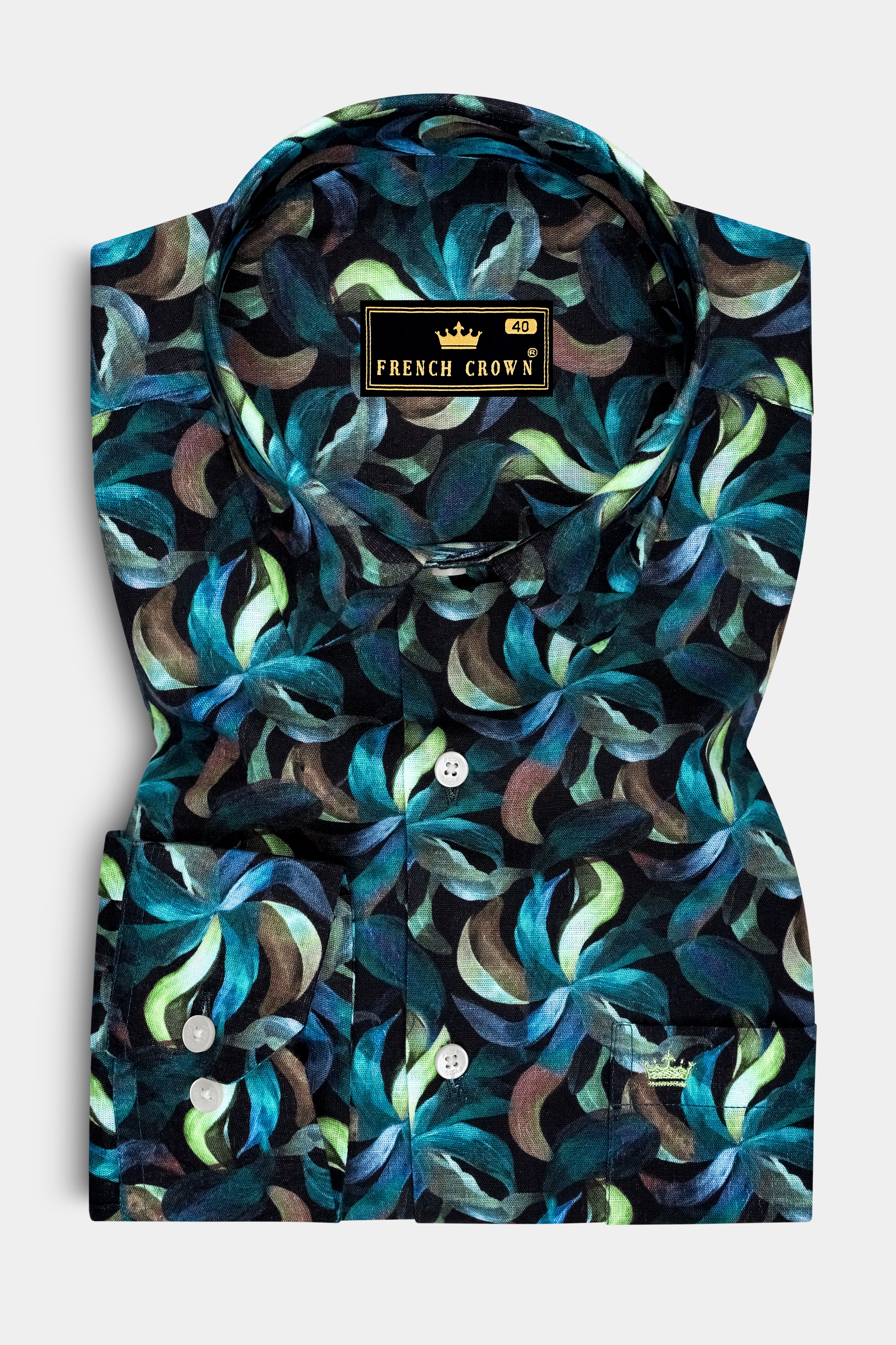Azuria-Mosque Blue And Fringy Green Multicolor Azure Floral Printed Linen-Cotton Blend Casual Shirt