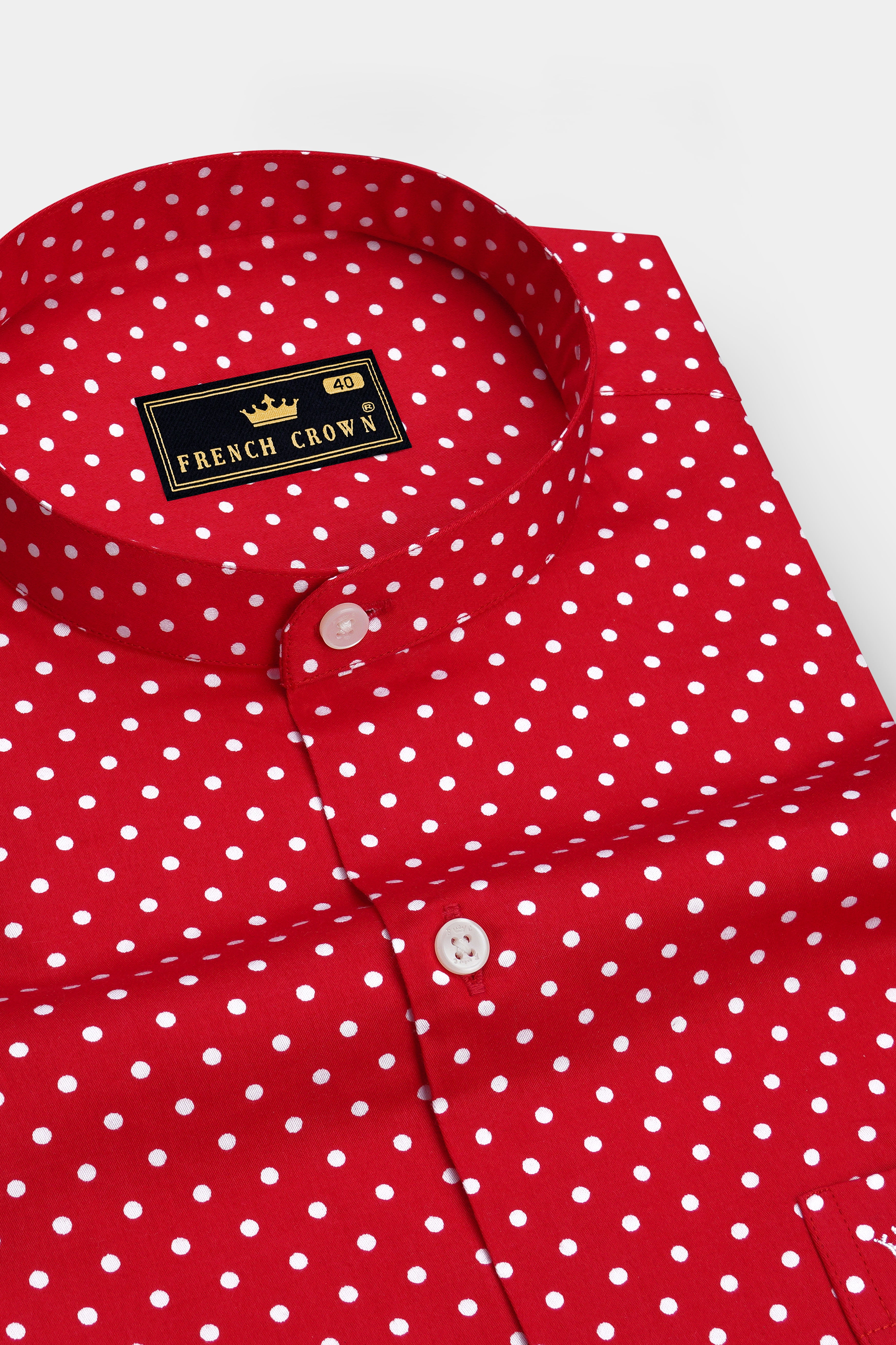 Firenze-Monza Red Micro Polka Dots Subtle Sheen Super Soft Premium Cotton Mandarin Casual Shirt