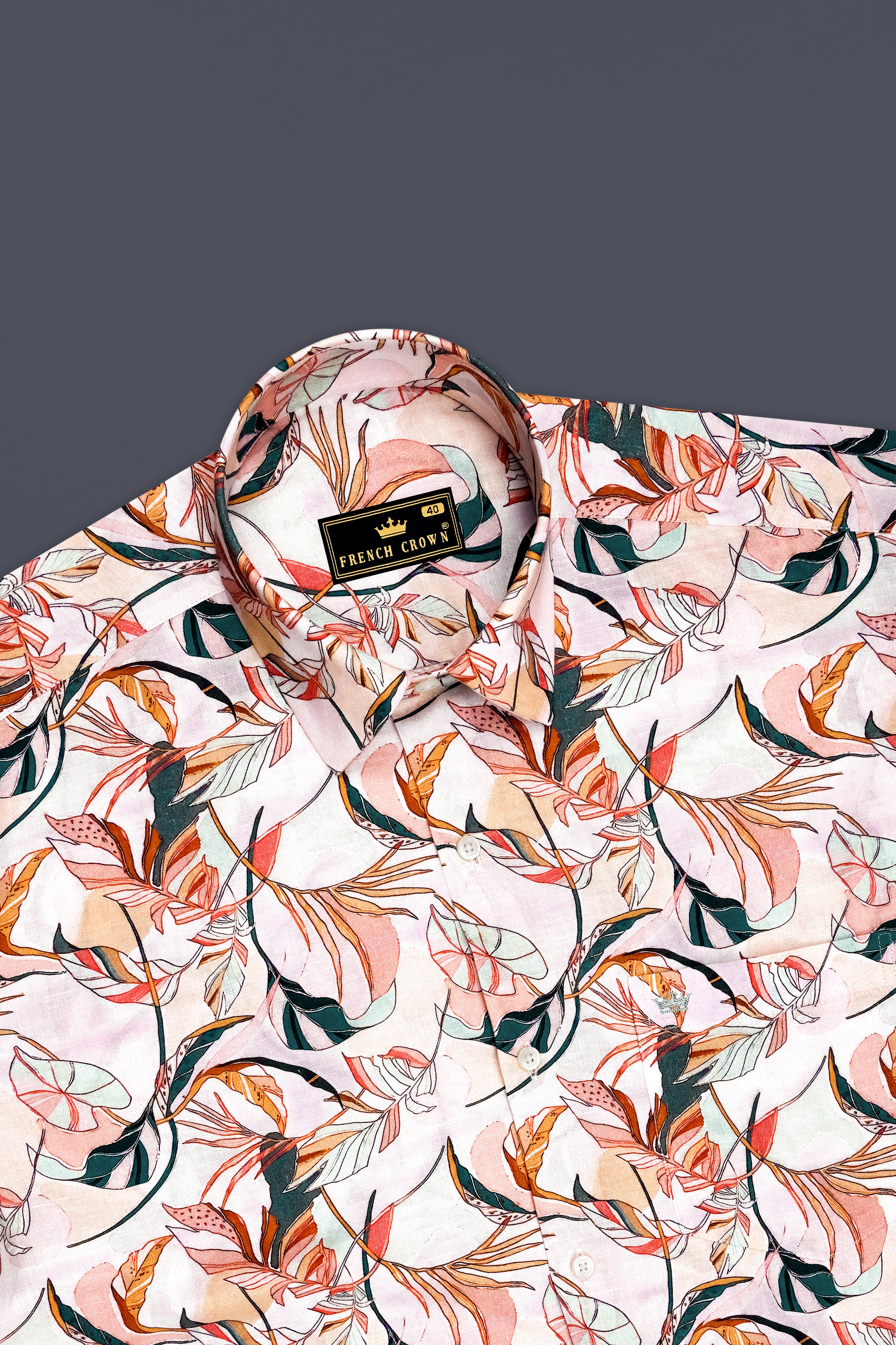 Petalia-Cherub Pink And Flesh Peach Botanical Floral Printed Linen-Cotton Blend Mandarin Casual Shirt